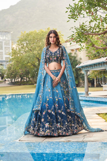 Blue Floral Designer Bridal Lehenga with Detailed Embellishments