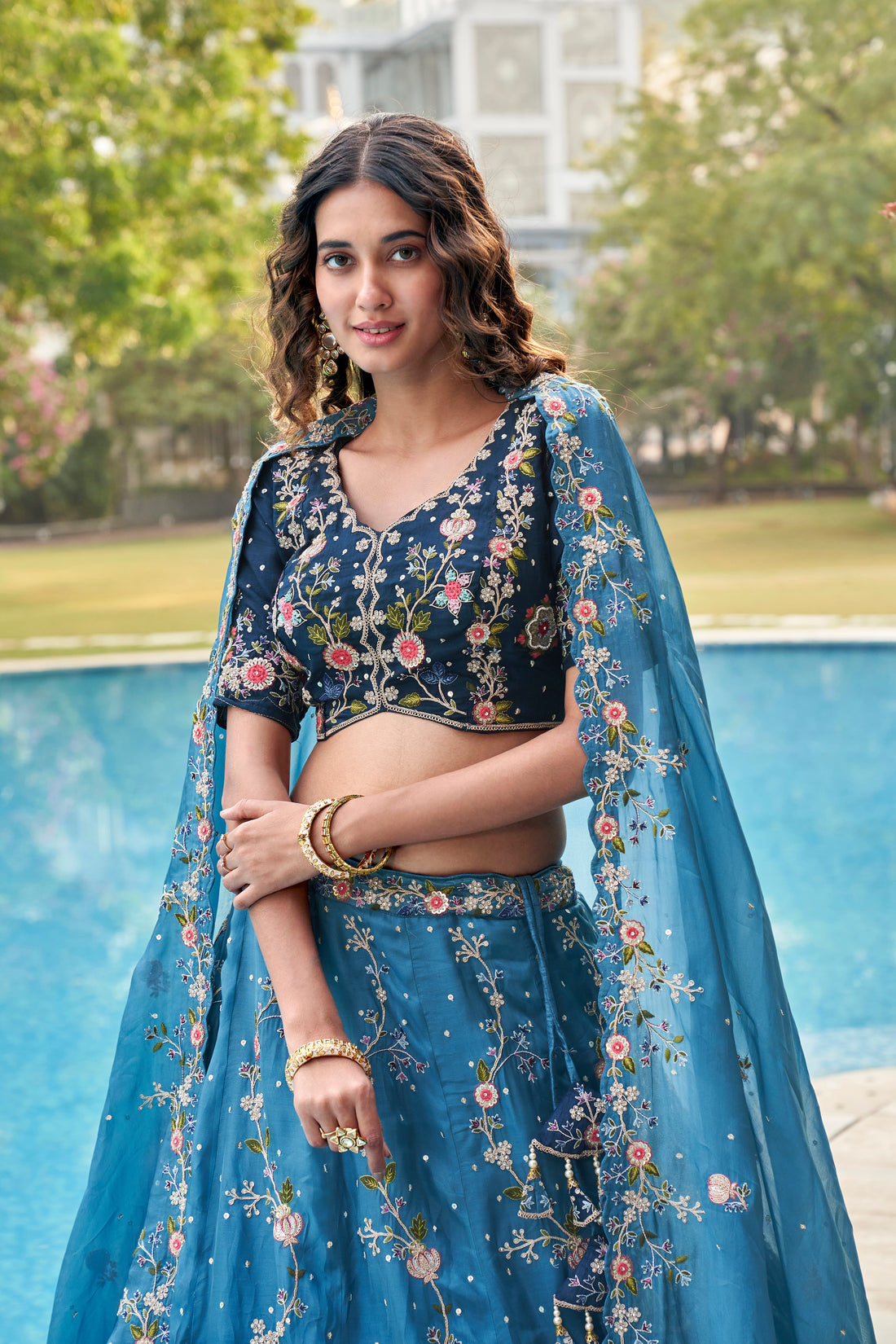 Blue Floral Designer Bridal Lehenga with Detailed Embellishments