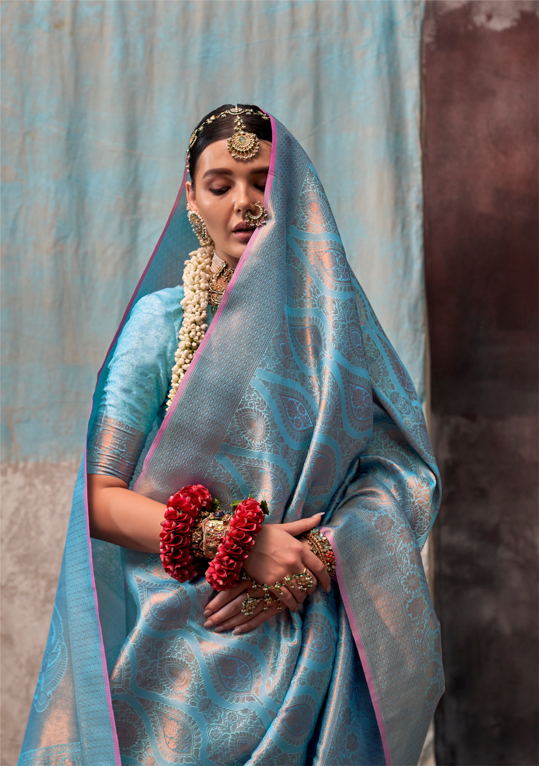 Sky Blue Handloom Two Tone Silk Saree with Gold Zari Work