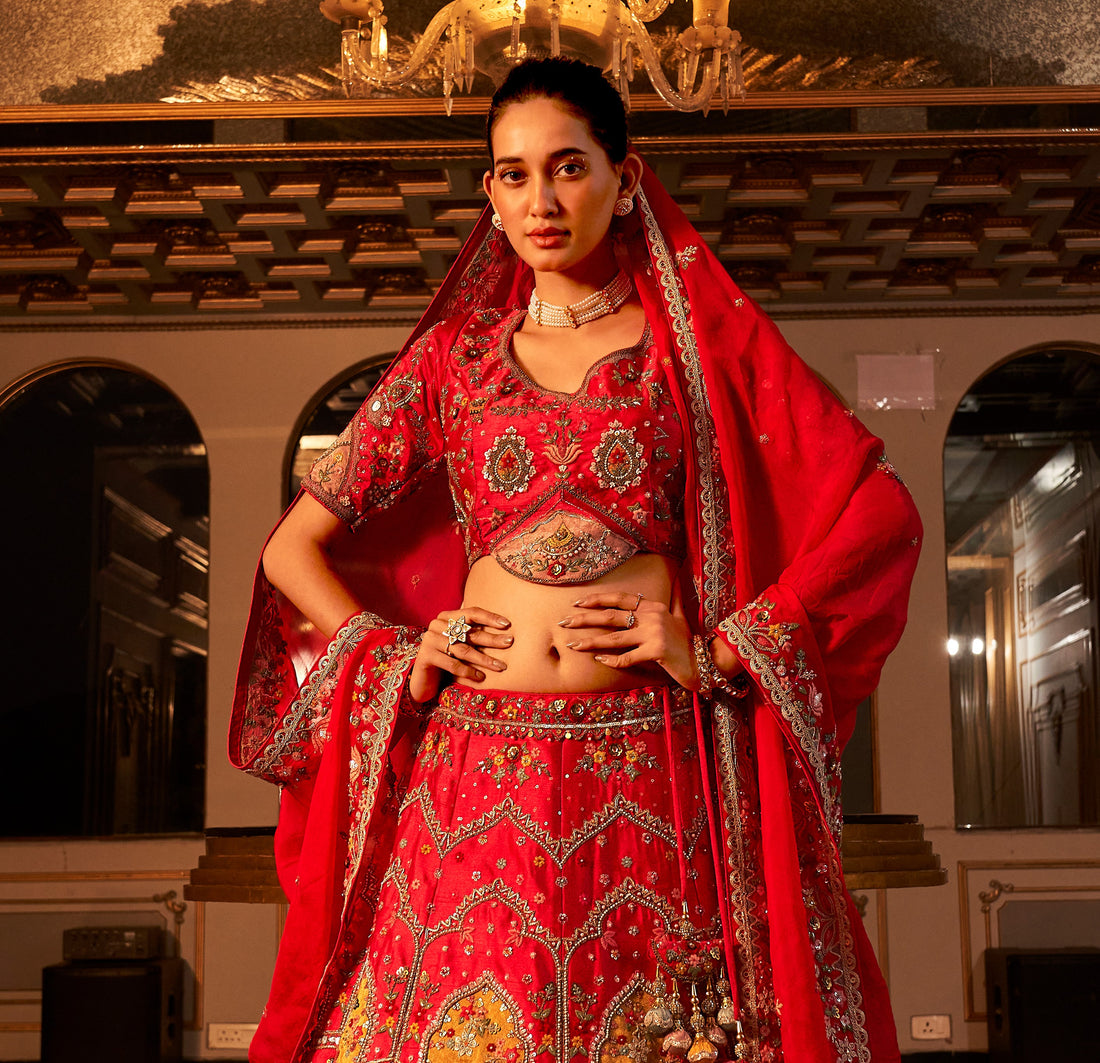 Red Bridal Lehenga Choli with Heavy Embroidery and Latkan