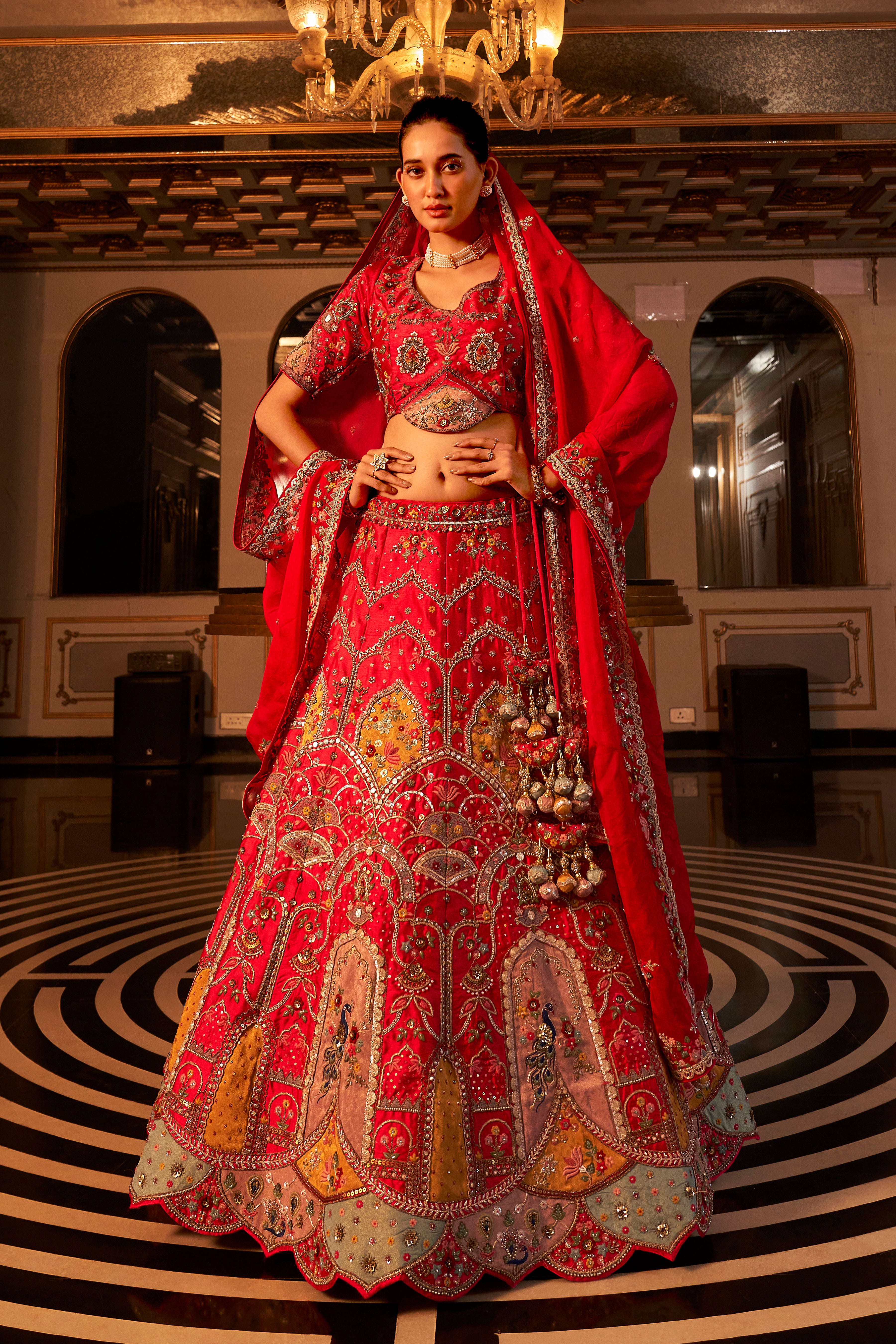 Red Bridal Lehenga Choli with Heavy Embroidery and Latkan