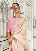 Beige Moss Chiffon Handloom Saree with Zari Lining and Jacquard Blouse