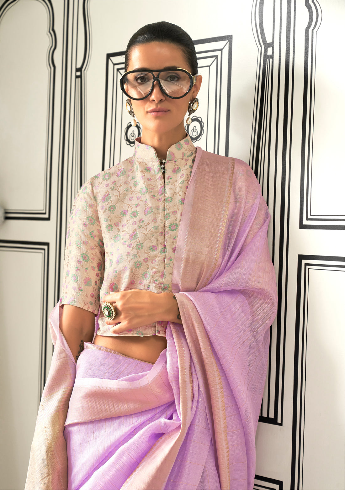 Lavender Chiffon Handloom Saree with Zari Lining and Jacquard Blouse