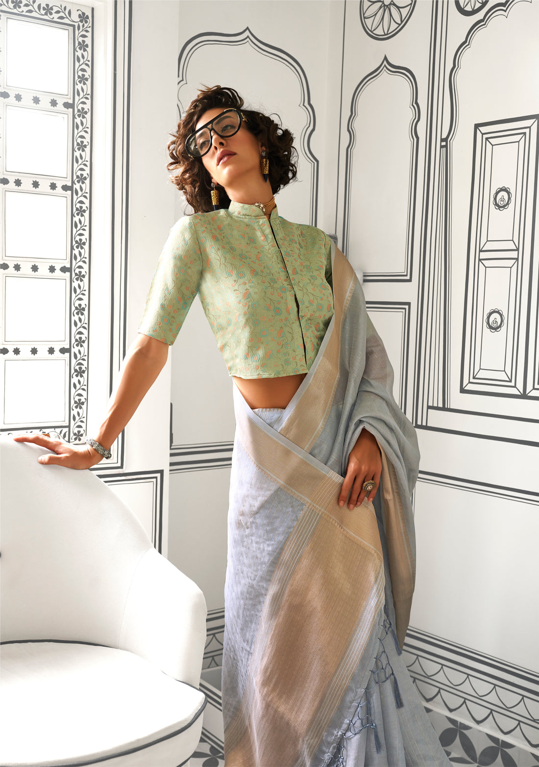 Grey Moss Chiffon Handloom Saree with Zari Lining and Jacquard Blouse