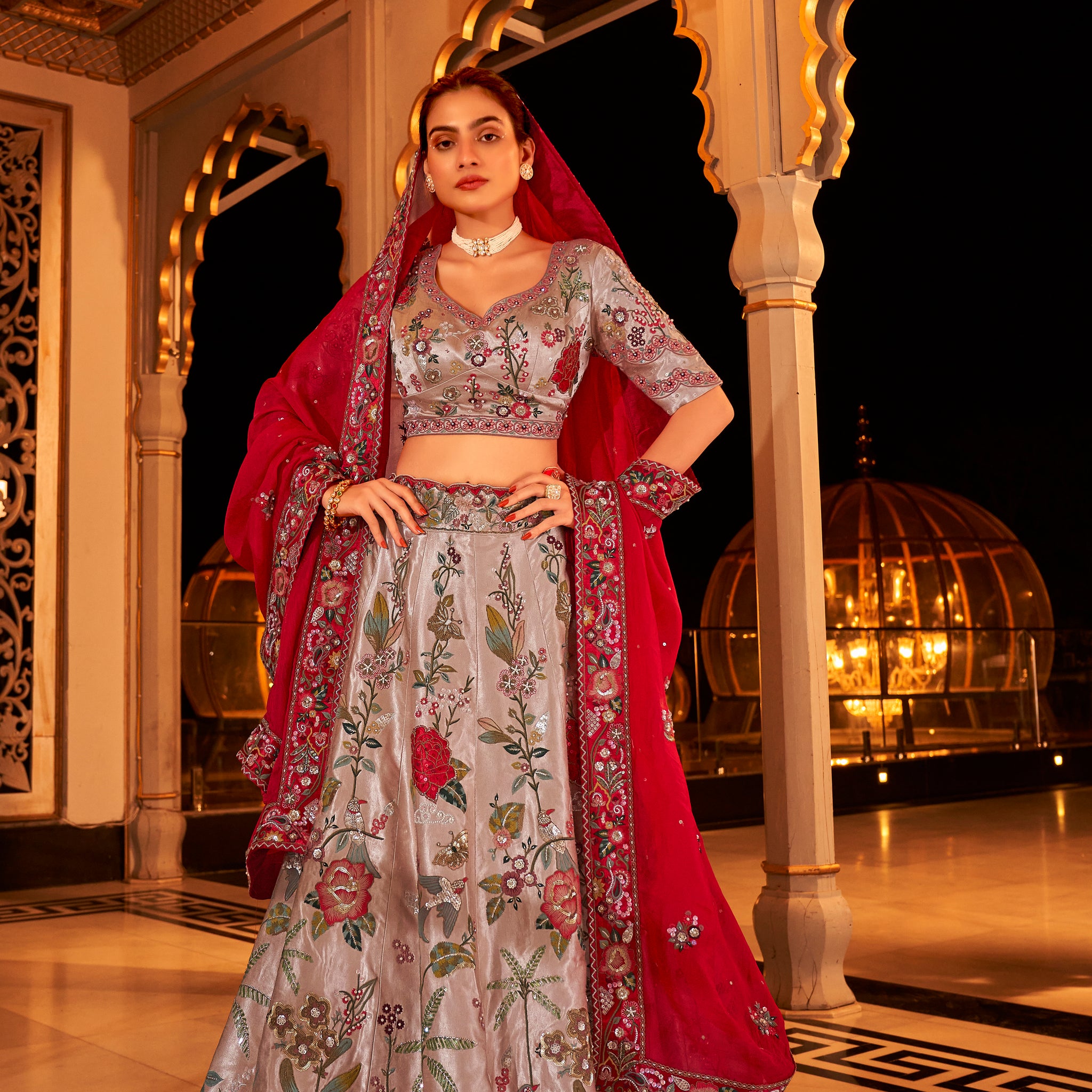 Silver Floral Viscose Satin Bridal Lehenga with Embroidery and Dupatta