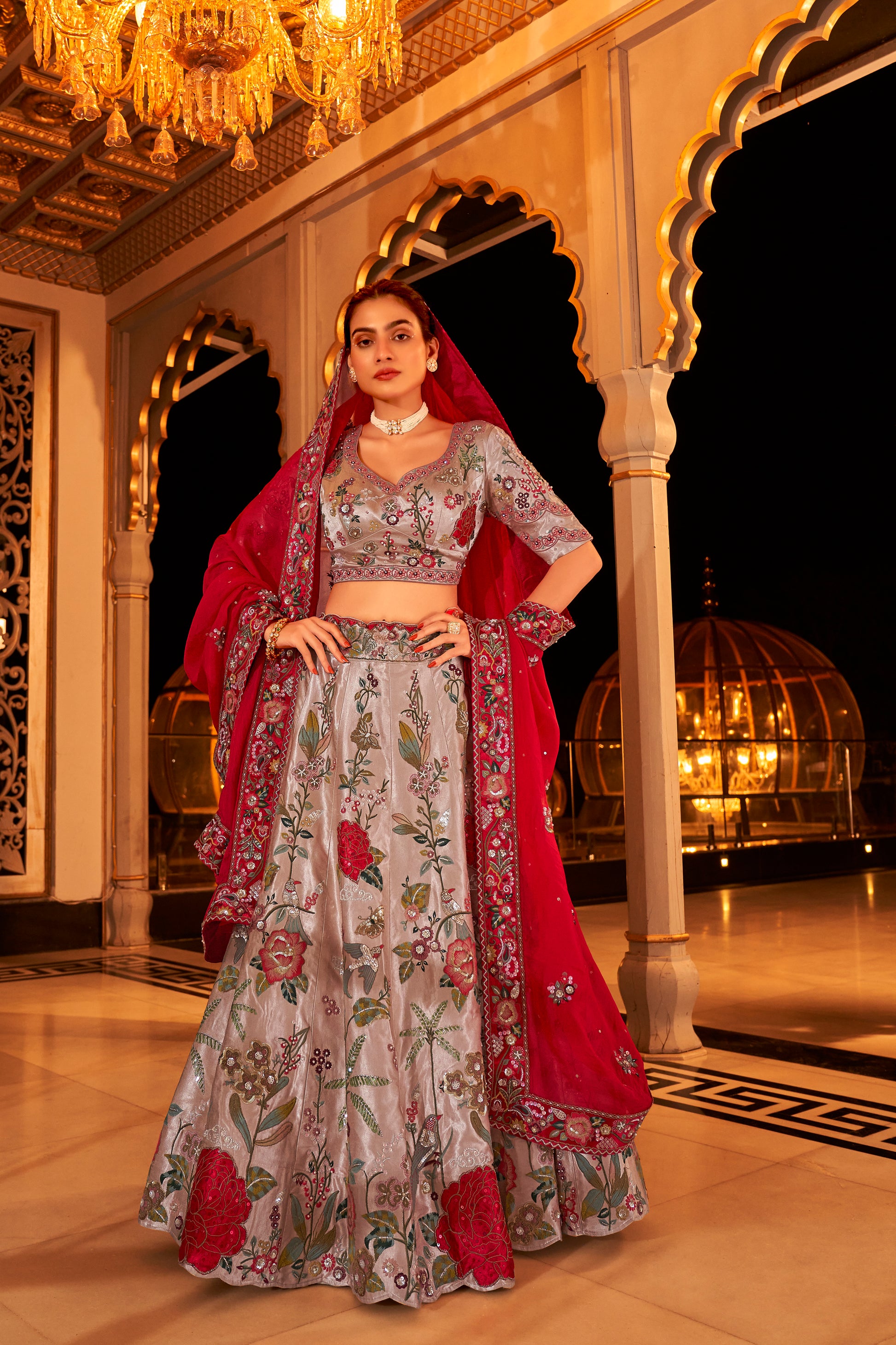 Silver Floral Viscose Satin Bridal Lehenga with Embroidery and Dupatta