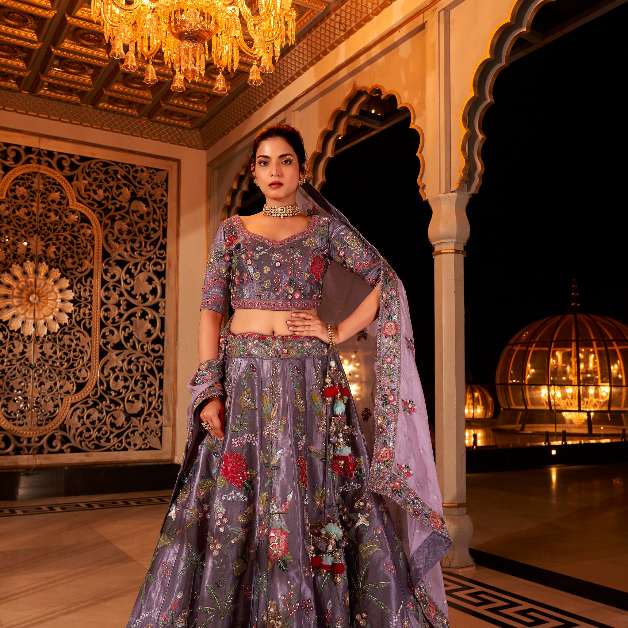 Lavender Floral Bridal Lehenga Choli with Heavy Embroidery and Latkan