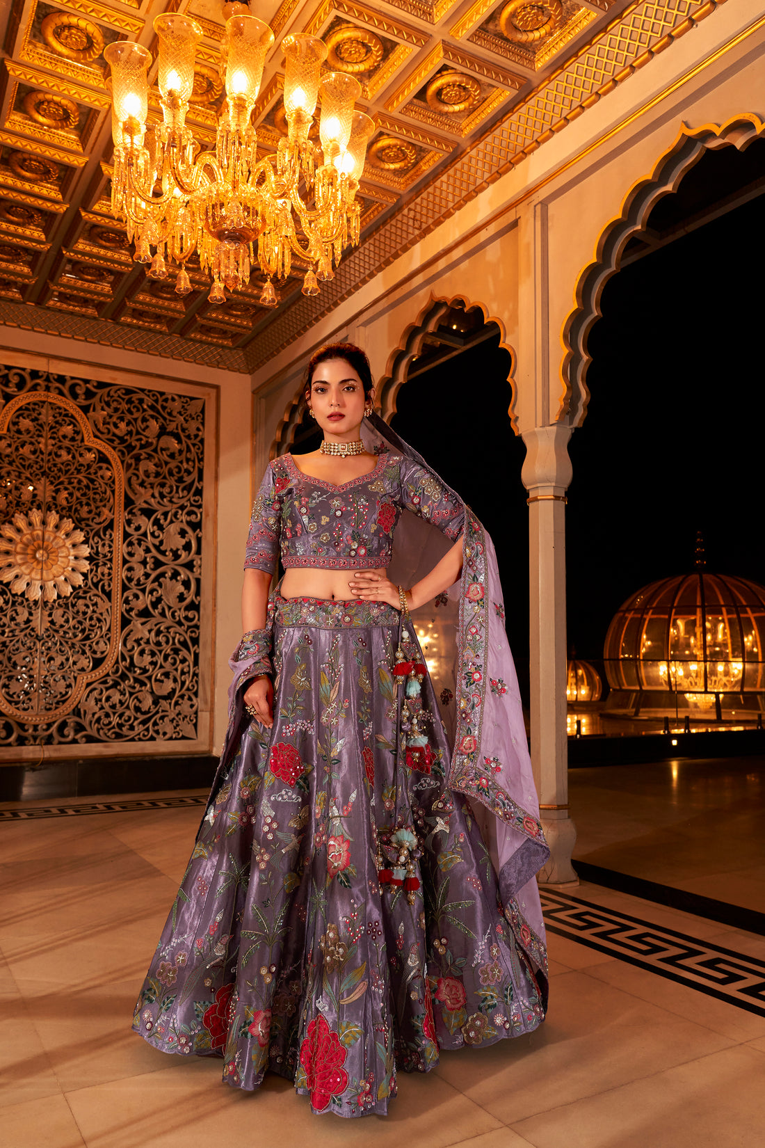 Lavender Floral Bridal Lehenga Choli with Heavy Embroidery and Latkan