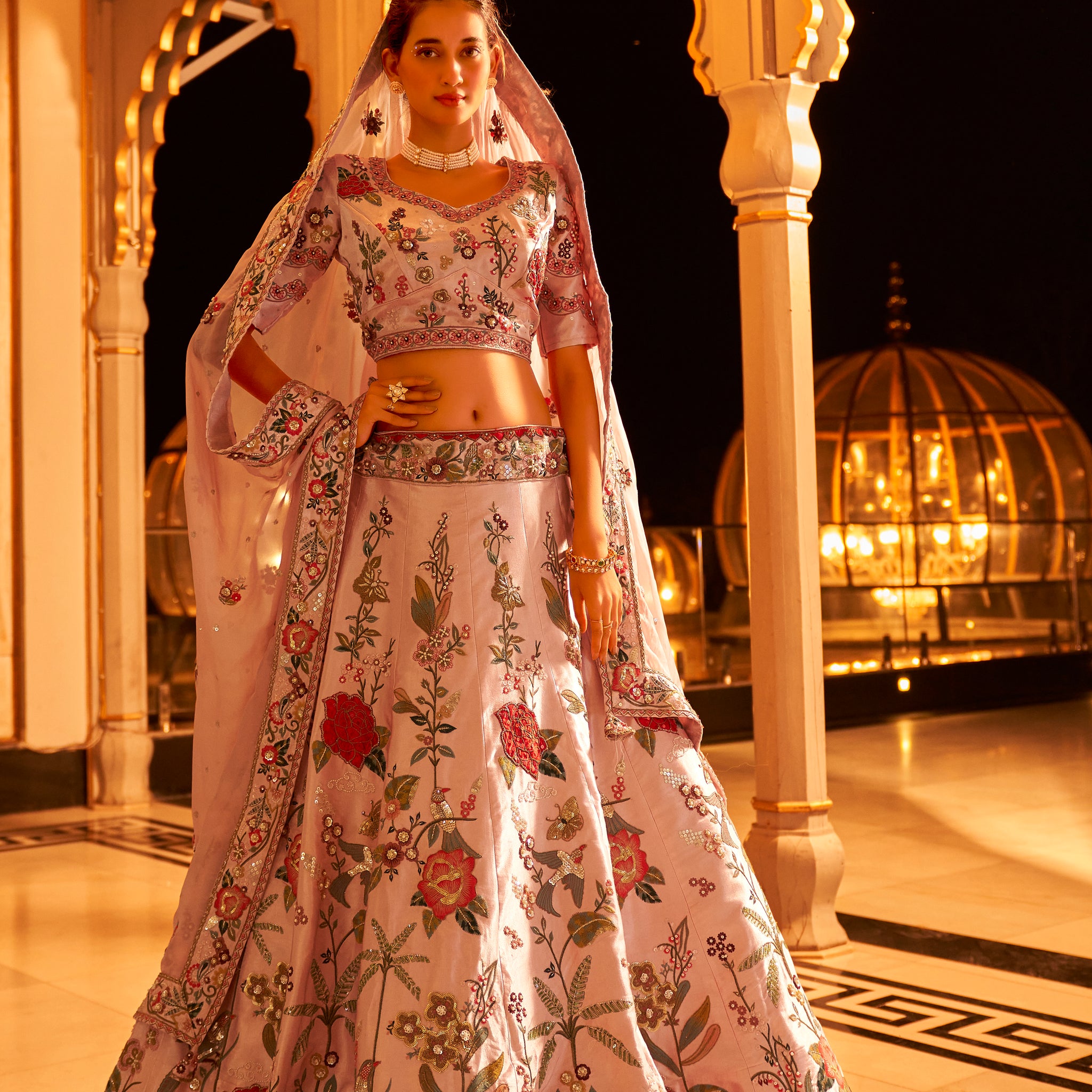 Charcoal Floral Bridal Lehenga Choli with Intricate Embroidery and Latkan