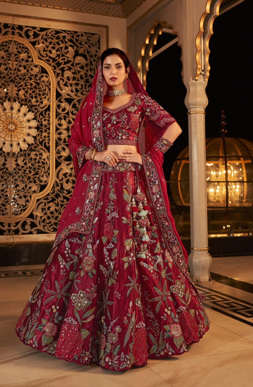 Red Floral Viscose Satin Bridal Lehenga with Embroidery and Dupatta