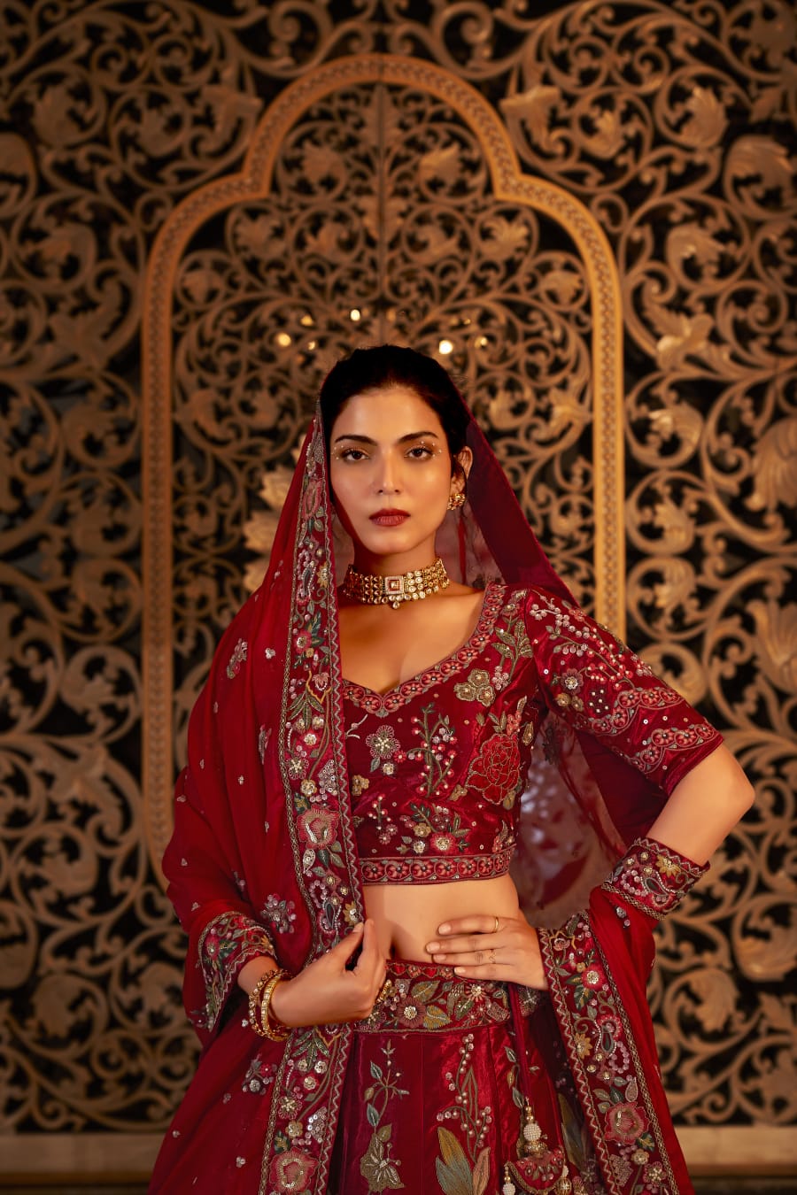 Red Floral Viscose Satin Bridal Lehenga with Embroidery and Dupatta