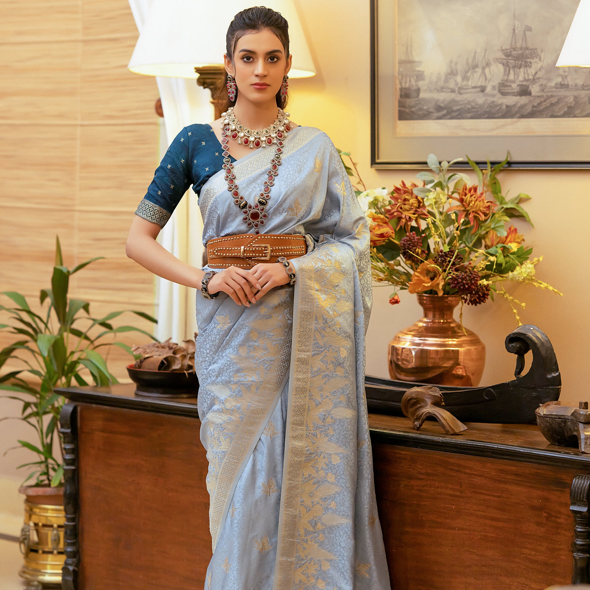 Light Blue Satin Silk Saree with Zari Weaving and Satin Silk Blouse