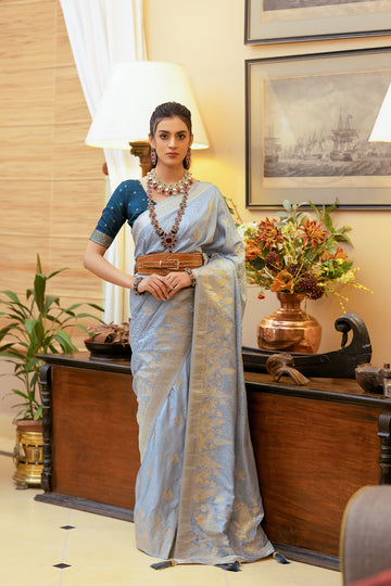 Light Blue Satin Silk Saree with Zari Weaving and Satin Silk Blouse