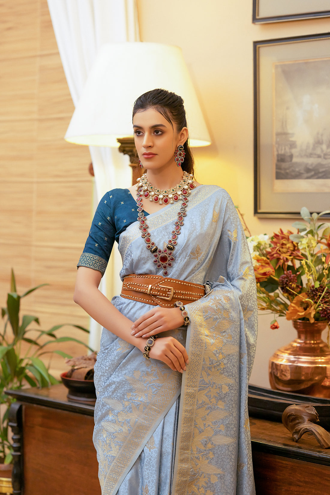 Light Blue Satin Silk Saree with Zari Weaving and Satin Silk Blouse