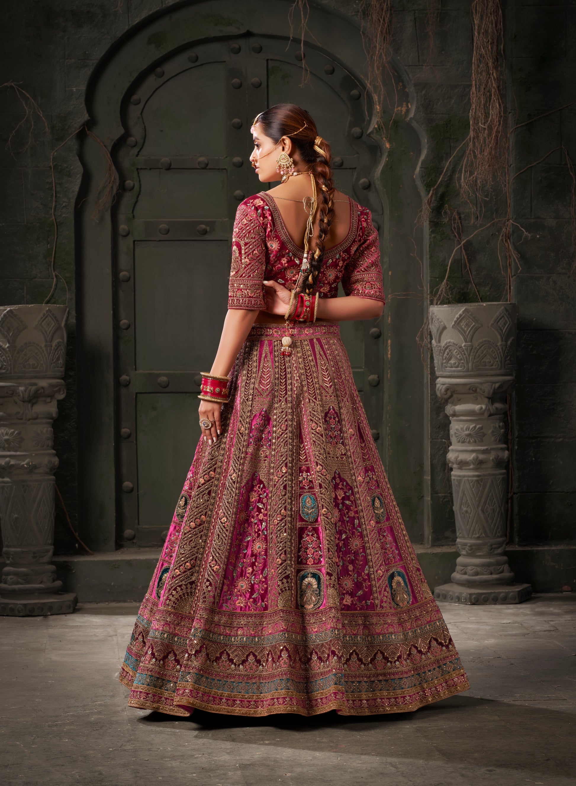 Maroon & Deep Pink Velvet Lehenga Choli with Double Dupatta