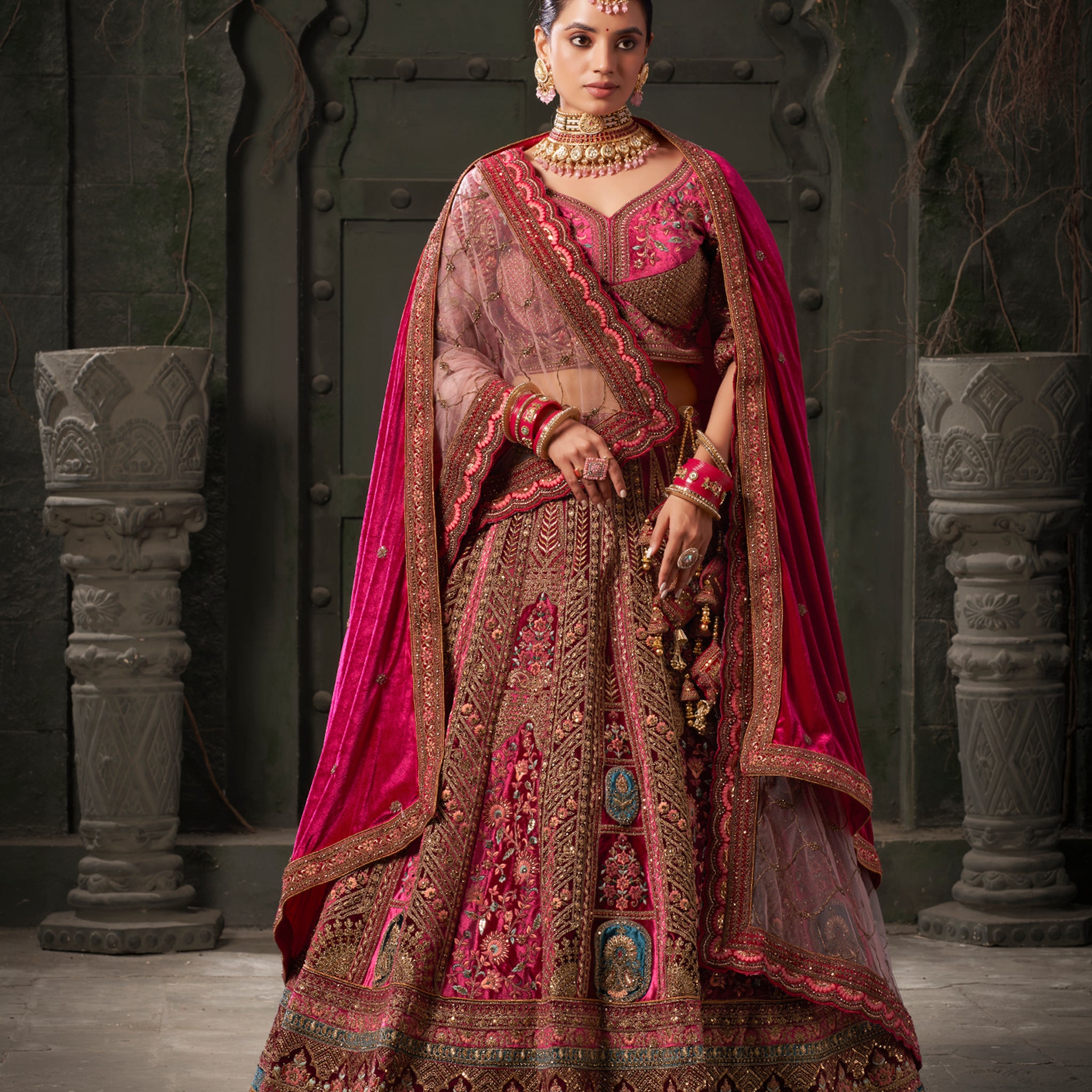 Maroon & Deep Pink Velvet Lehenga Choli with Double Dupatta