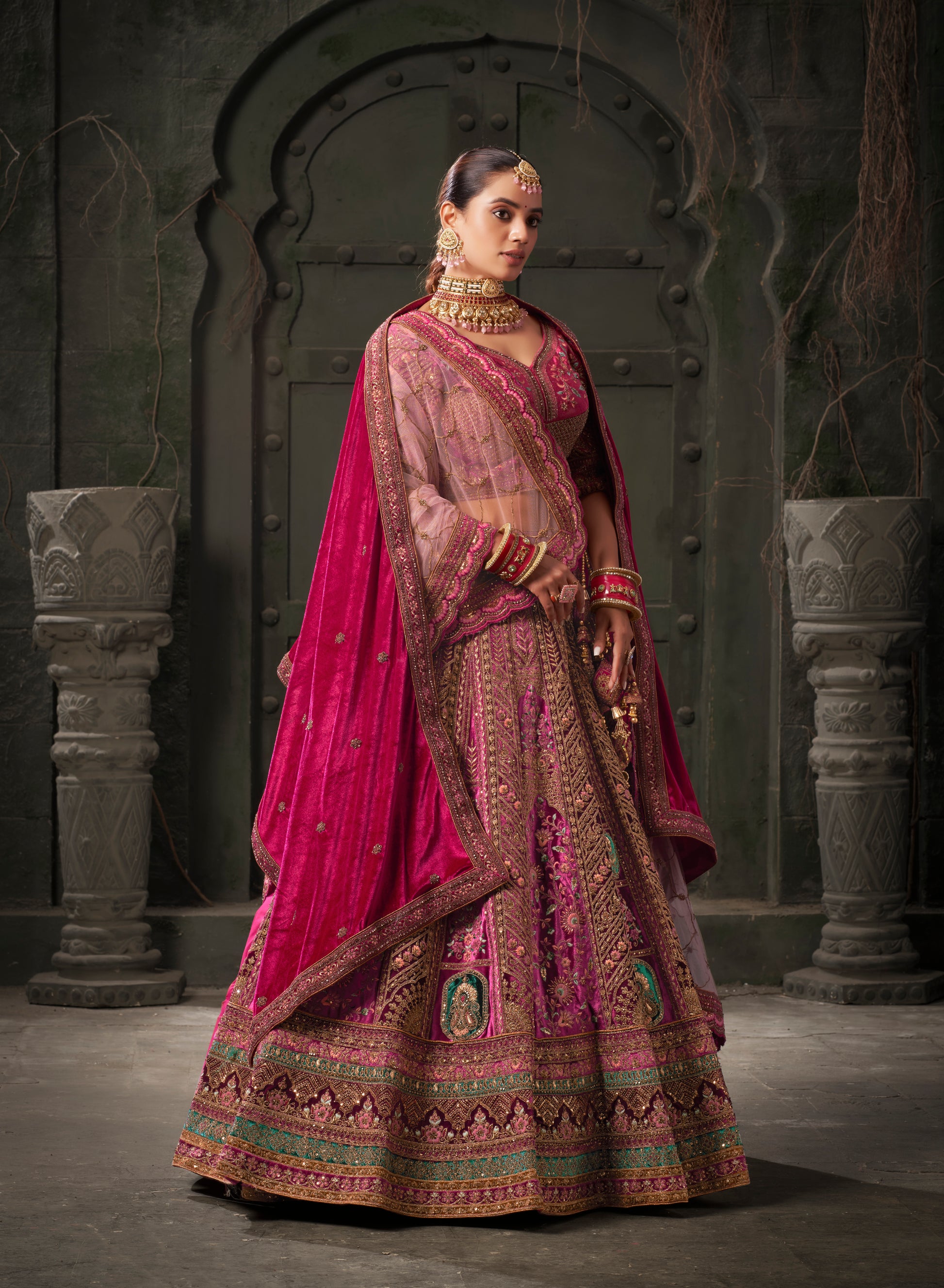 Maroon & Deep Pink Velvet Lehenga Choli with Double Dupatta