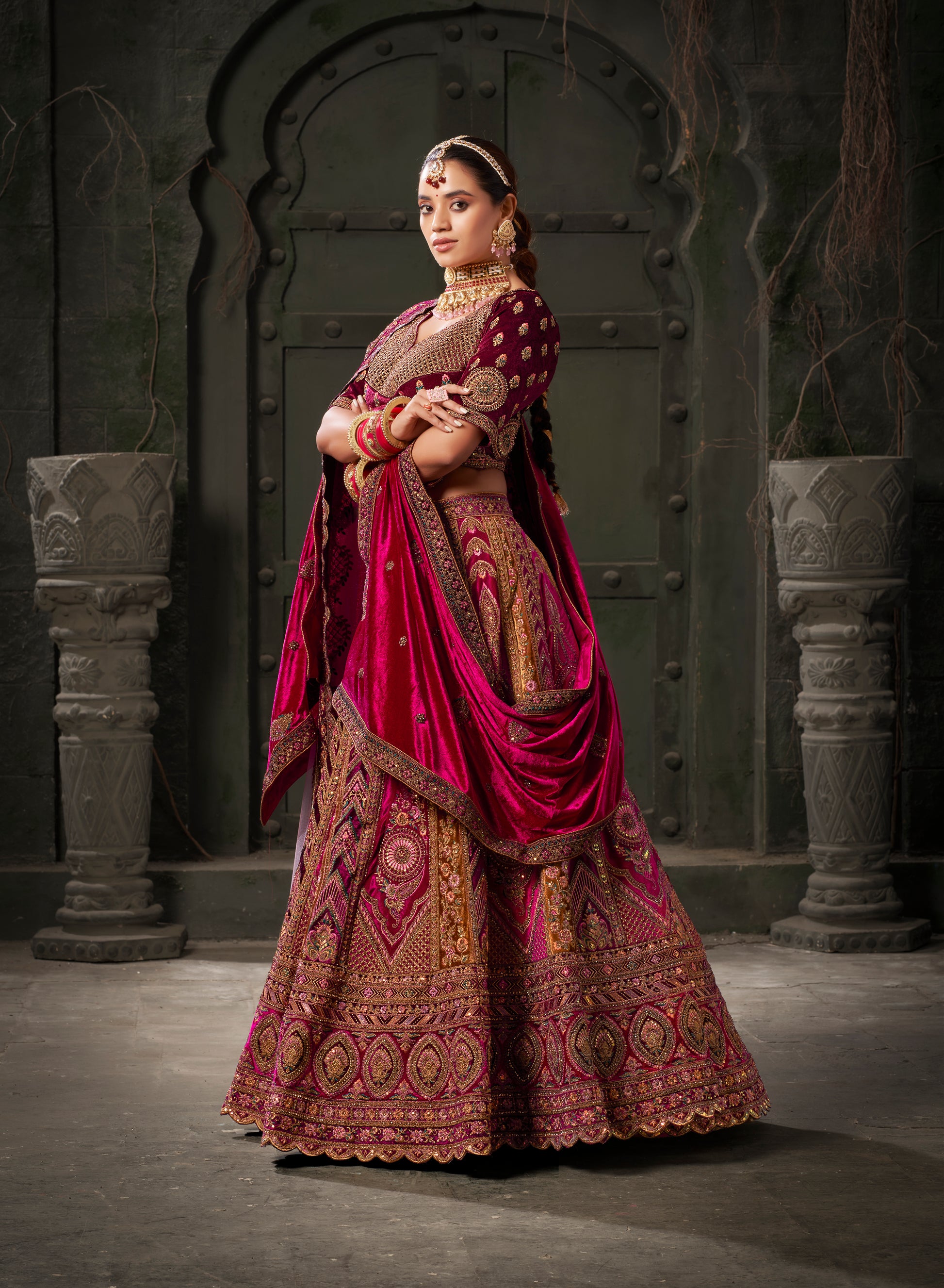 Chocolate Brown & Magenta Velvet Lehenga Choli with Double Dupatta