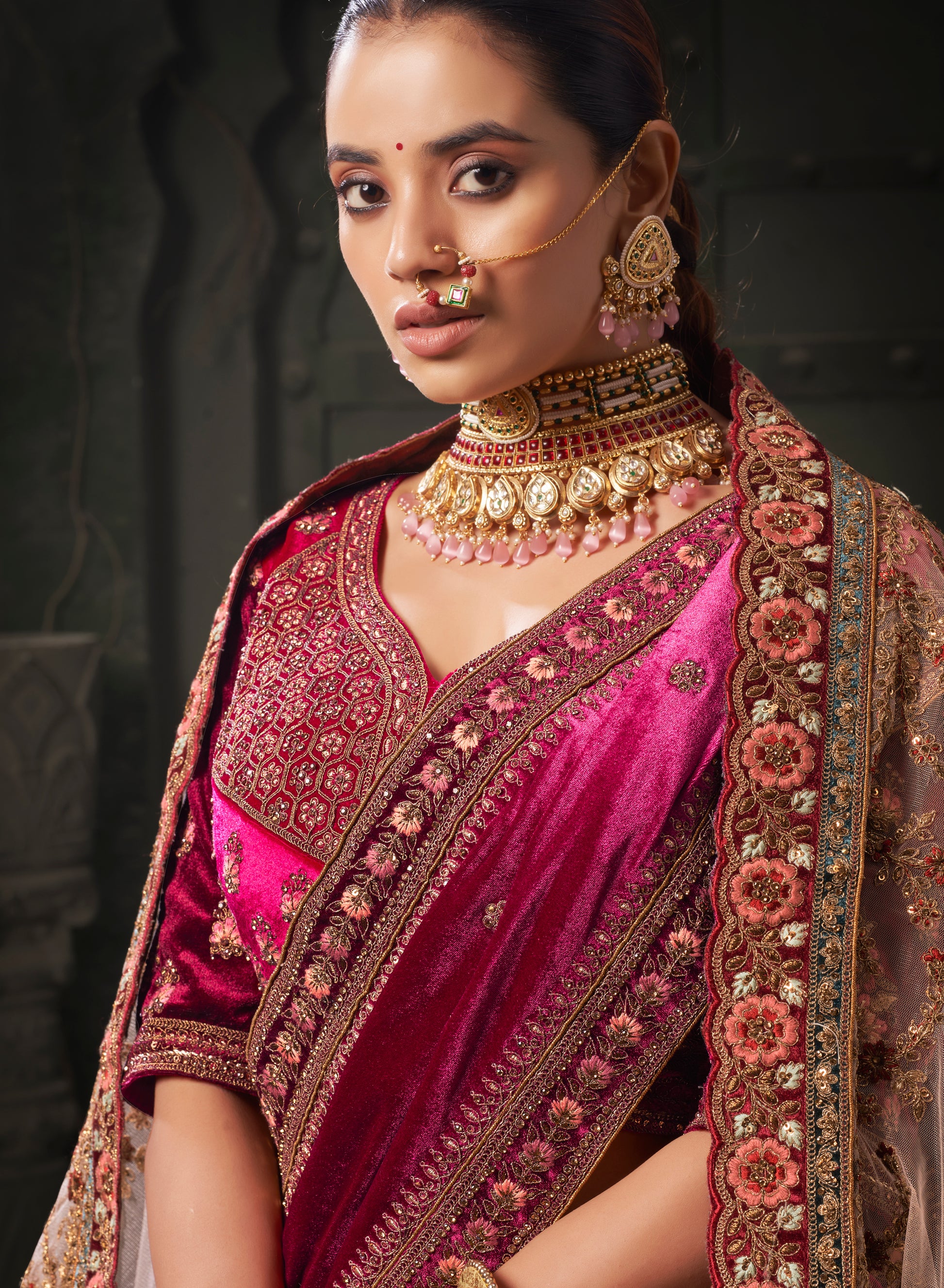 Chocolate Brown & Magenta Velvet Lehenga Choli with Double Dupatta