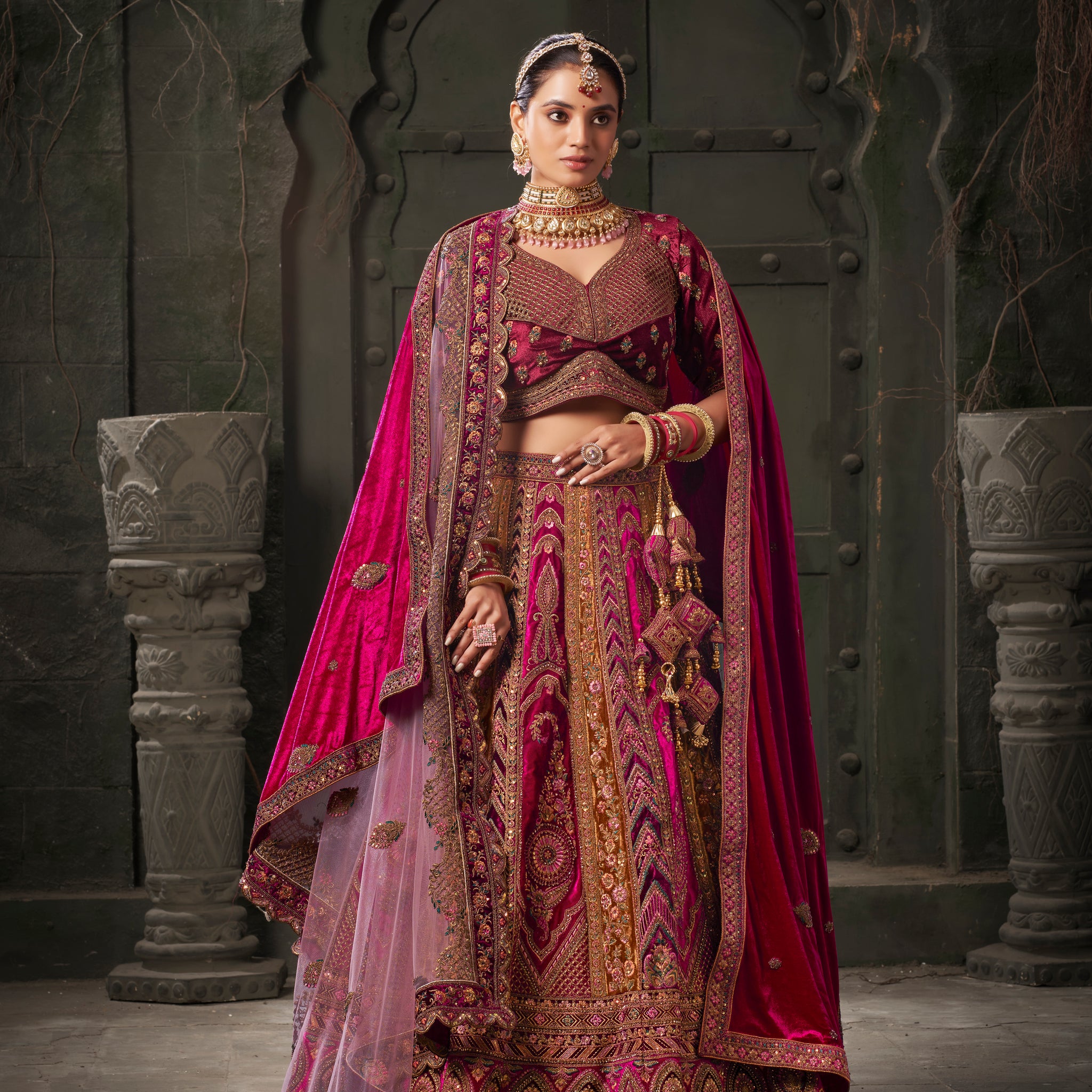 Chocolate Brown & Magenta Velvet Lehenga Choli with Double Dupatta