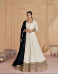 Off-White Anarkali Suit with Black Embroidered Dupatta