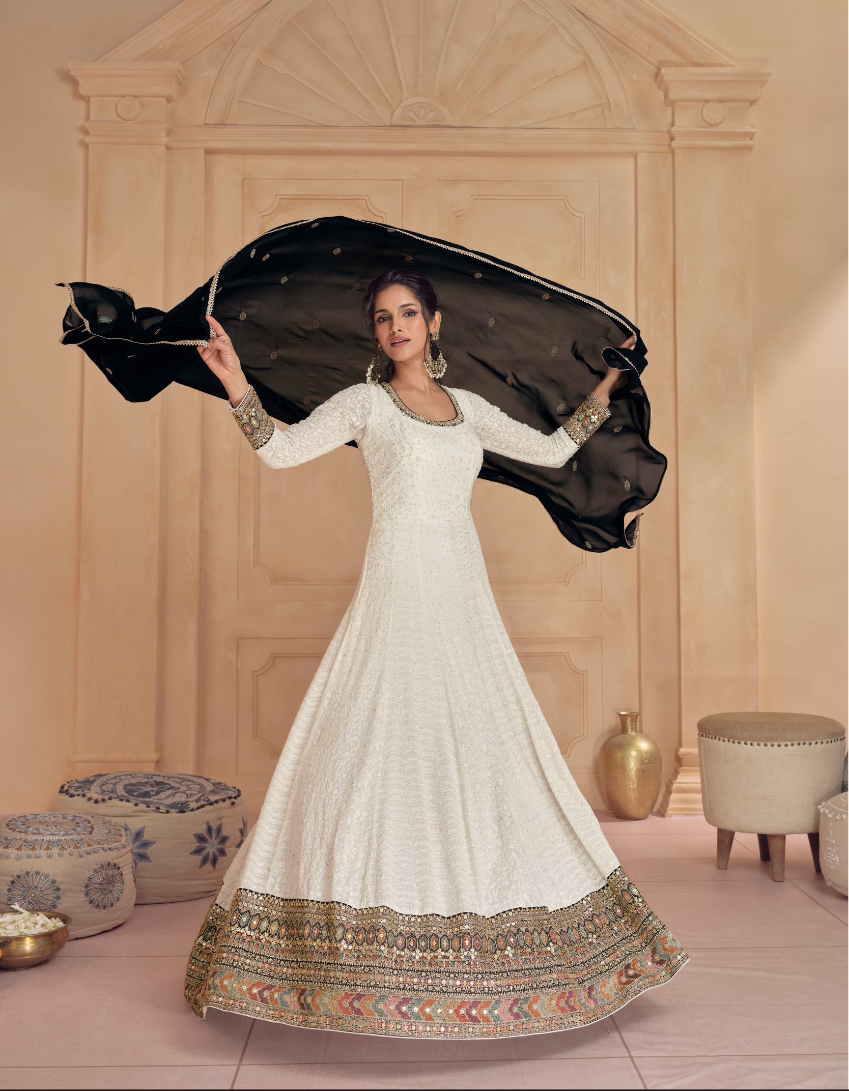 Off-White Anarkali Suit with Black Embroidered Dupatta