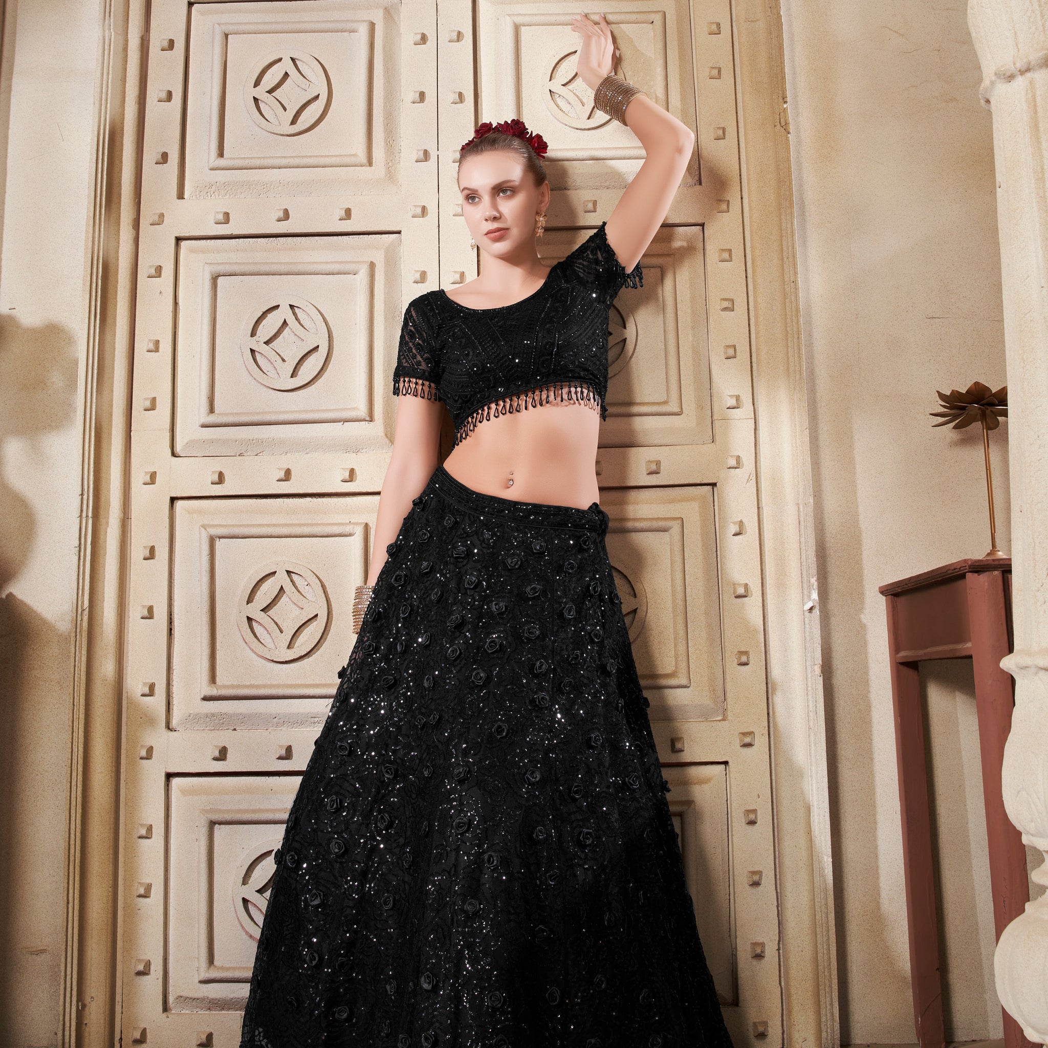 Blossom Black Net Lehenga Choli with Premium Flower Patches & Sequins