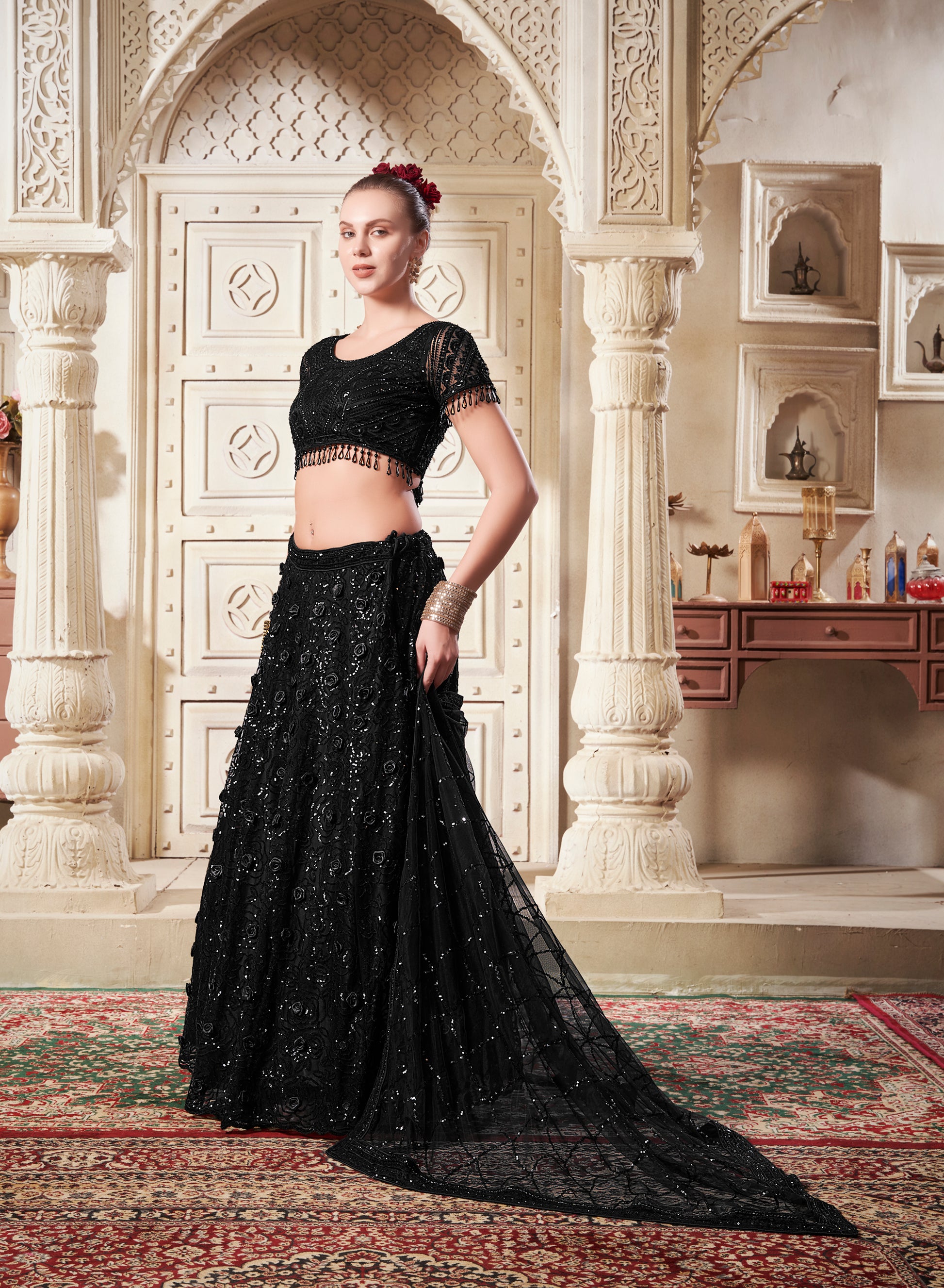 Blossom Black Net Lehenga Choli with Premium Flower Patches & Sequins