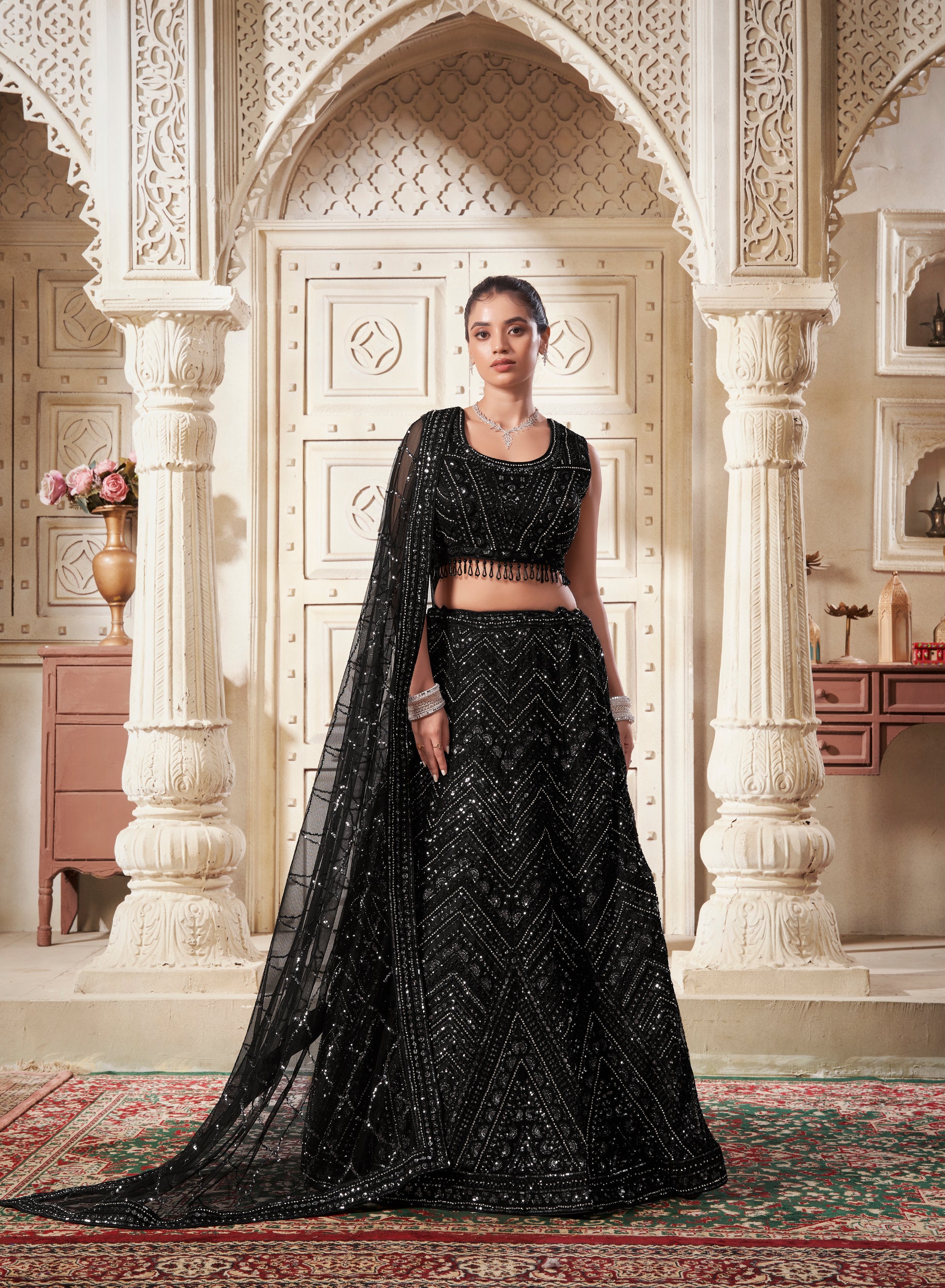 Blossom Black Net Lehenga Choli with Heavy Zarkan and Sequins Work