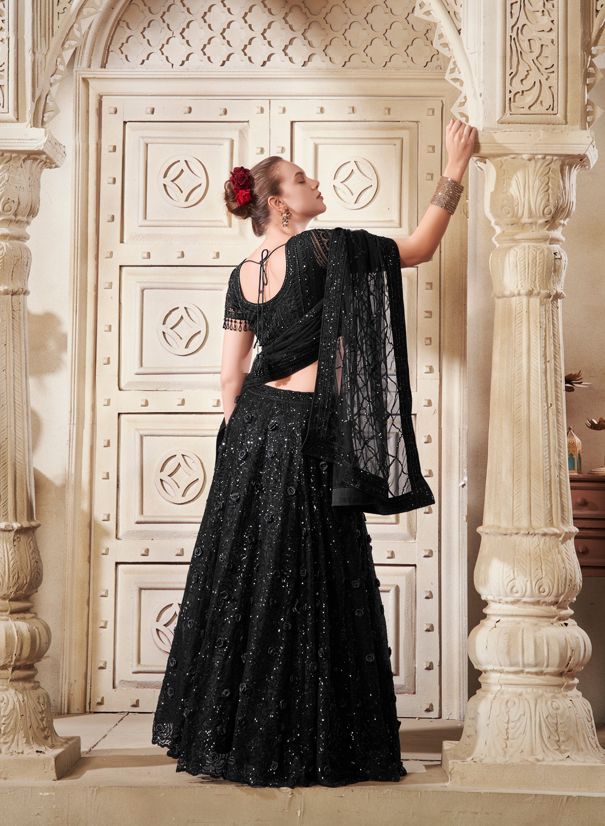 Blossom Black Net Lehenga Choli with Premium Flower Patches & Sequins