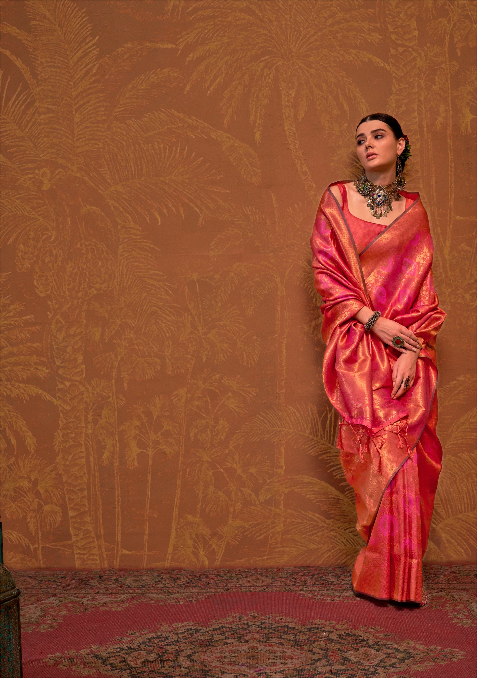 Peach Pink Handloom Weaving Silk Saree with Silk Blouse