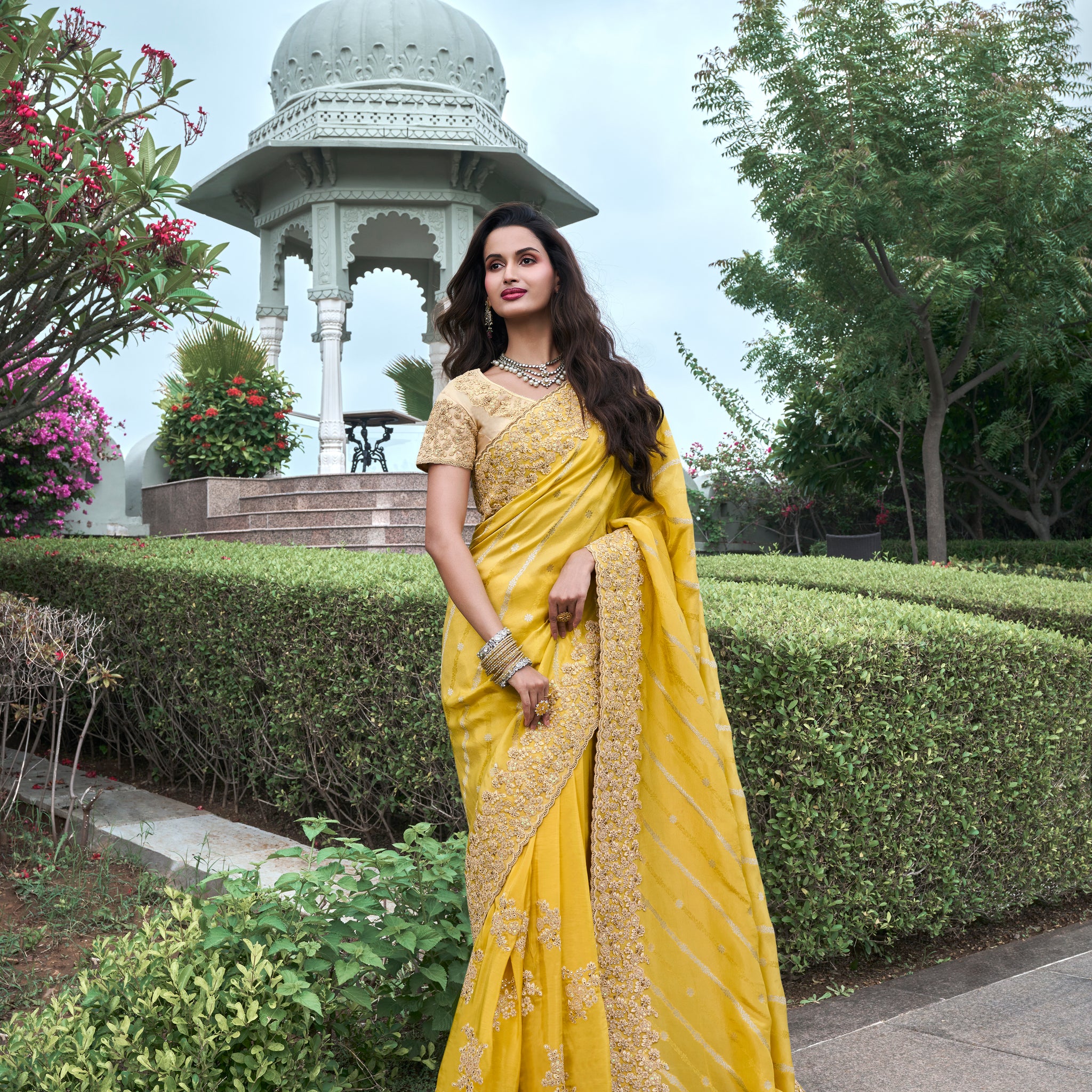 Bright Yellow Pure Tissue Silk Saree with Zari and Embroidery