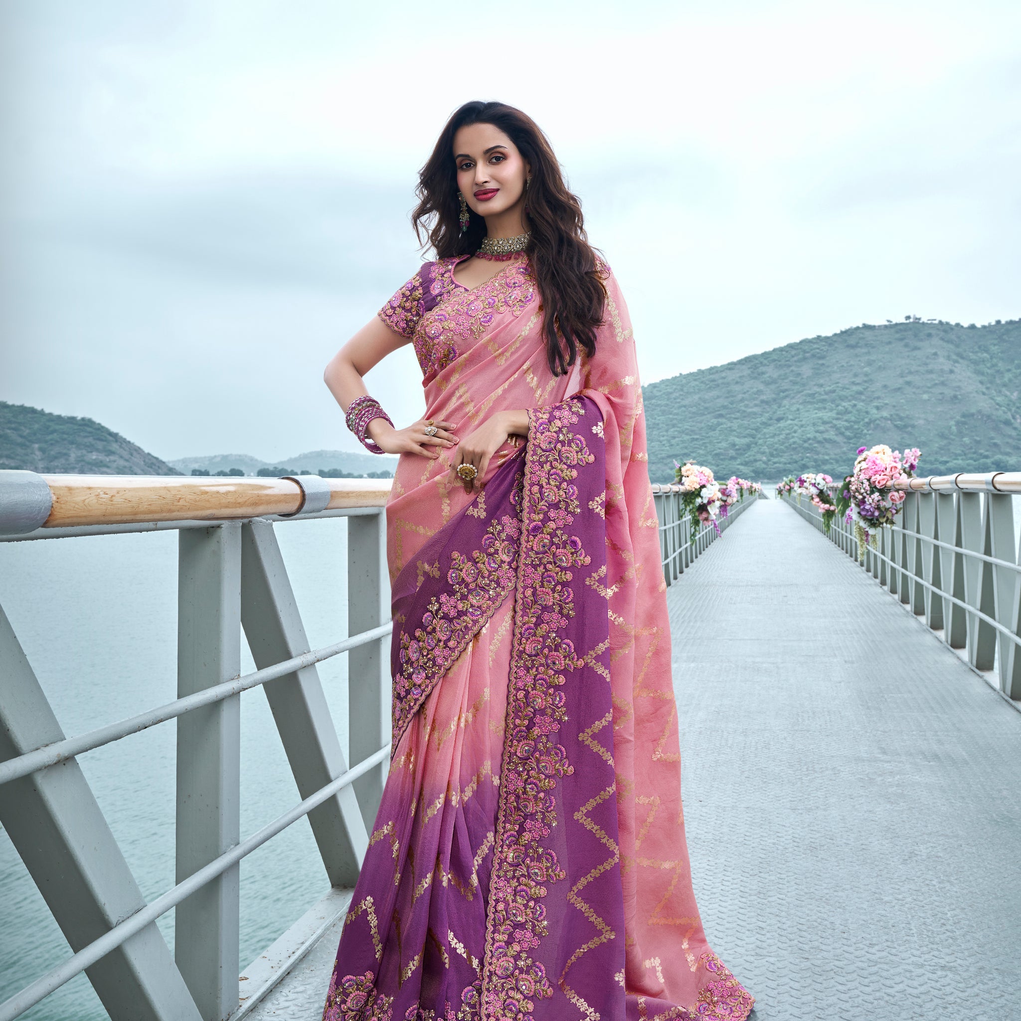 Purple Tissue Silk Saree with Zari, Stone, and Embroidery Work