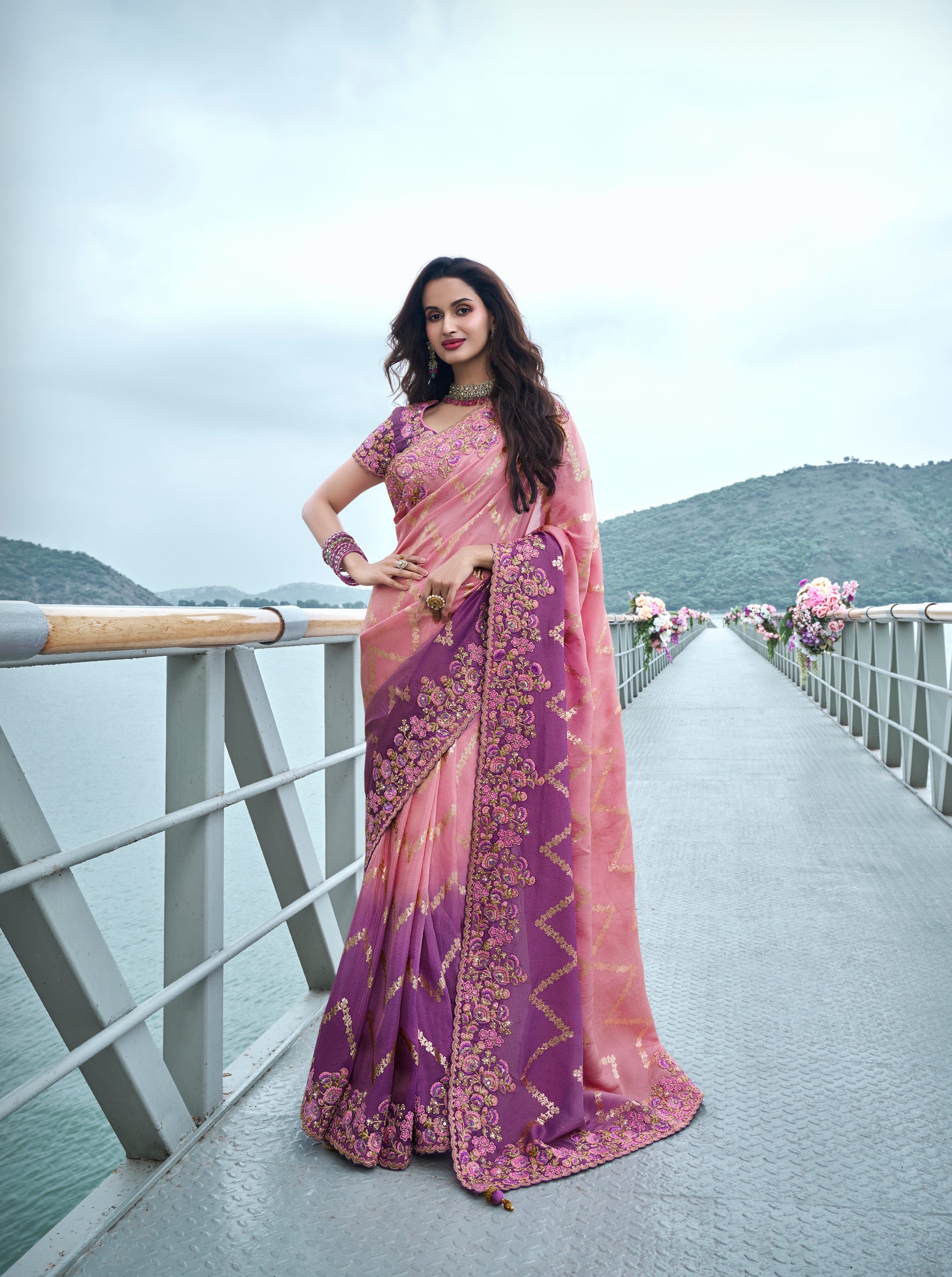 Purple Tissue Silk Saree with Zari, Stone, and Embroidery Work