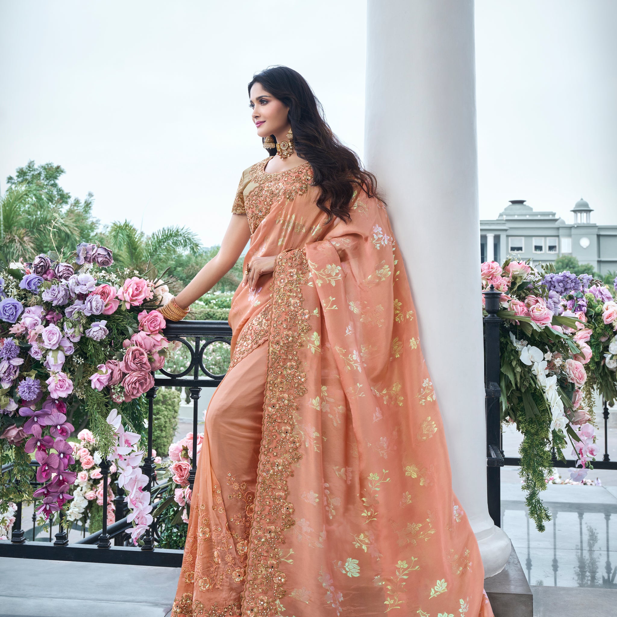 Peach Tissue Silk Saree with Embroidery, Stone & Mirror Work