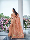 Peach Tissue Silk Saree with Embroidery, Stone & Mirror Work