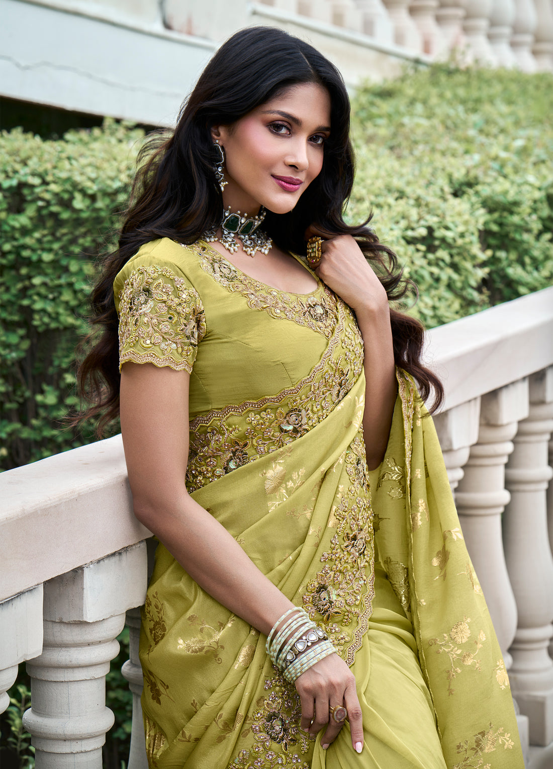 Olive Green Pure Tissue Silk Saree with Zari and Pearl Embellishments