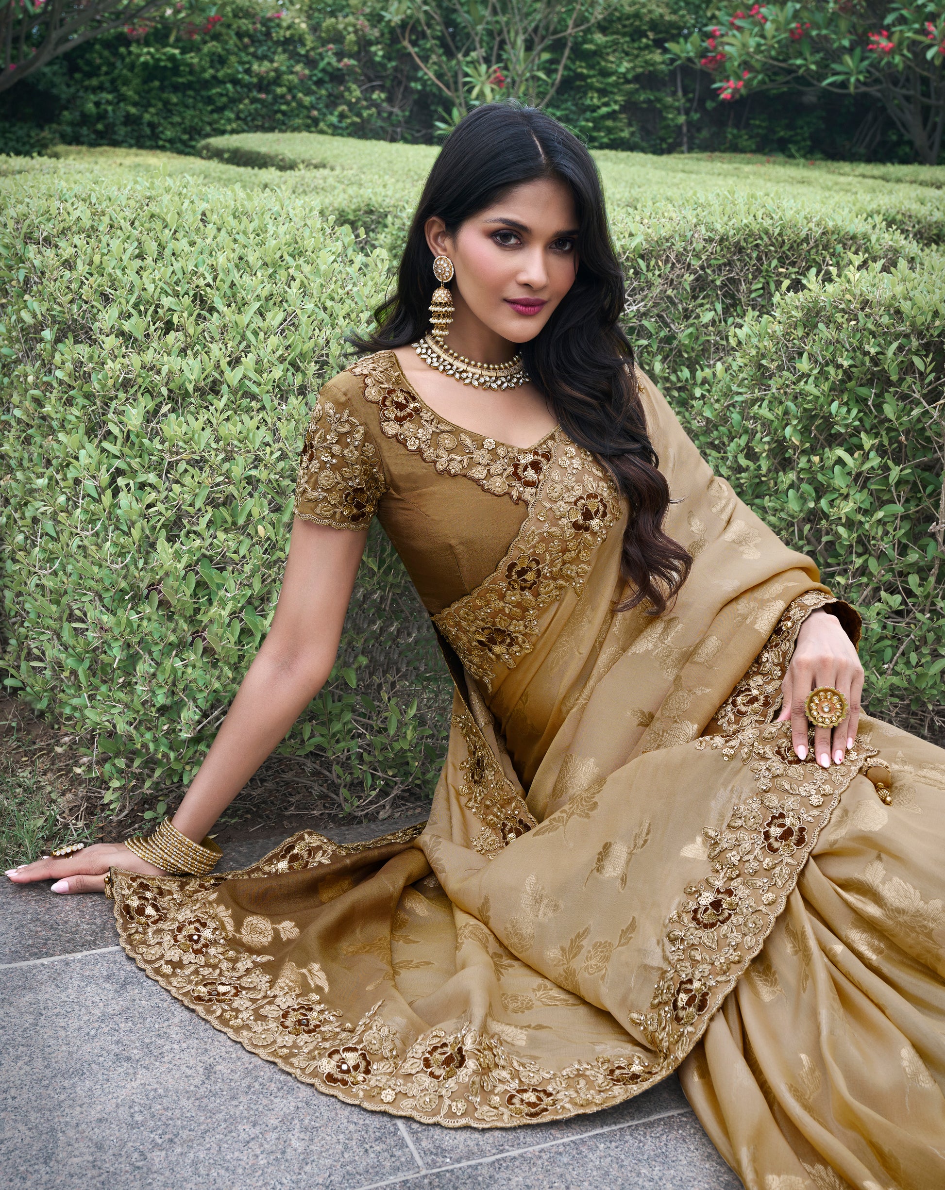 Bronze Pure Tissue Silk Saree with Embroidery, Pearl, and Mirror Work