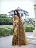 Bronze Pure Tissue Silk Saree with Embroidery, Pearl, and Mirror Work