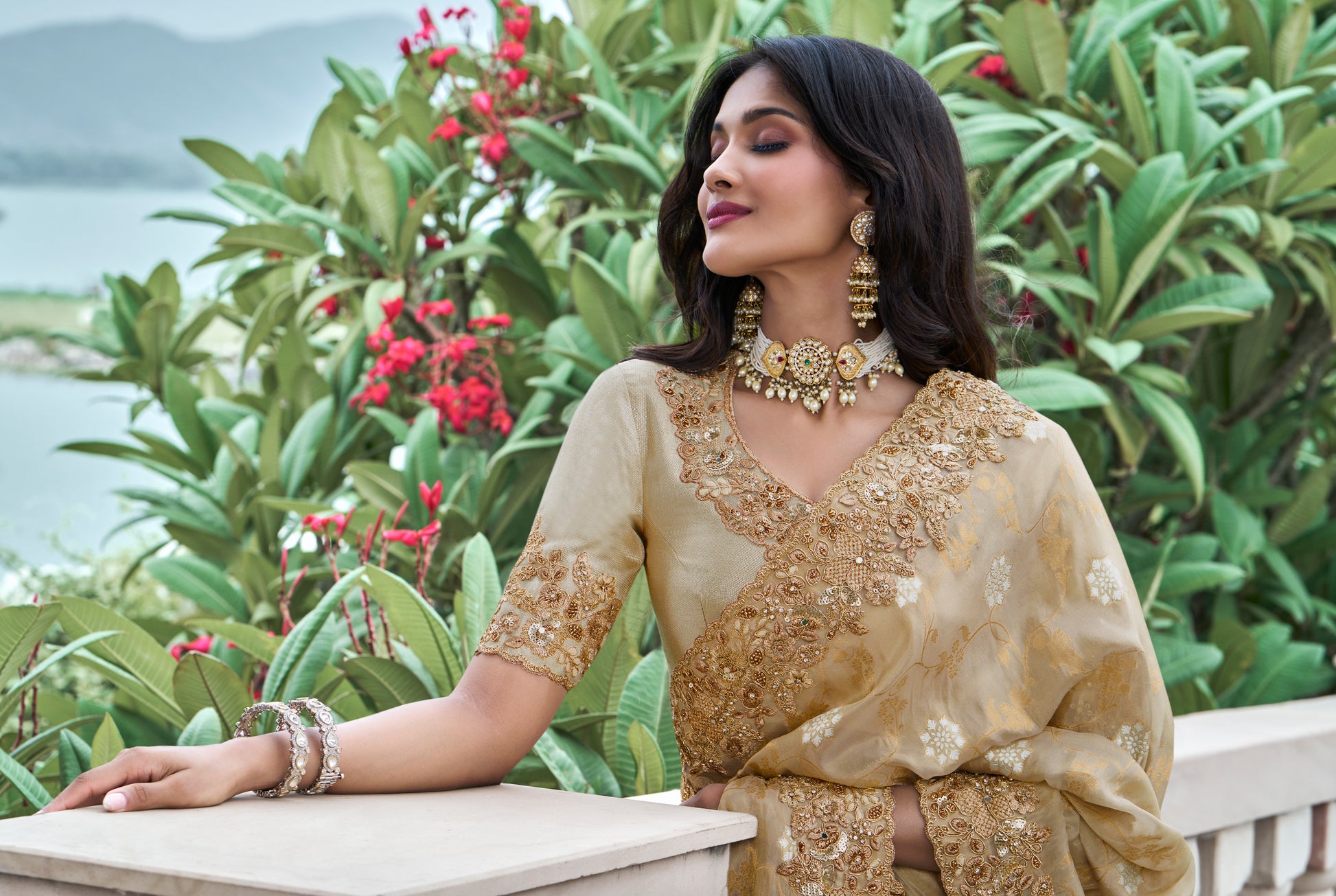 Gold Tissue Silk Saree with Zari, Mirror, and Pearl Work