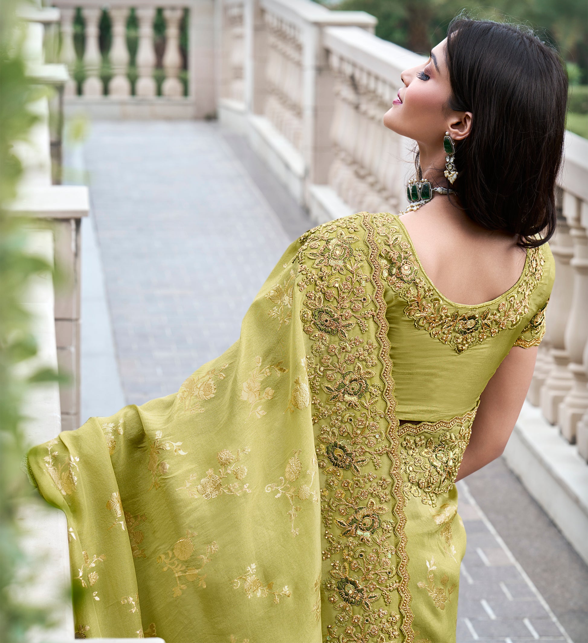 Olive Green Pure Tissue Silk Saree with Zari and Pearl Embellishments