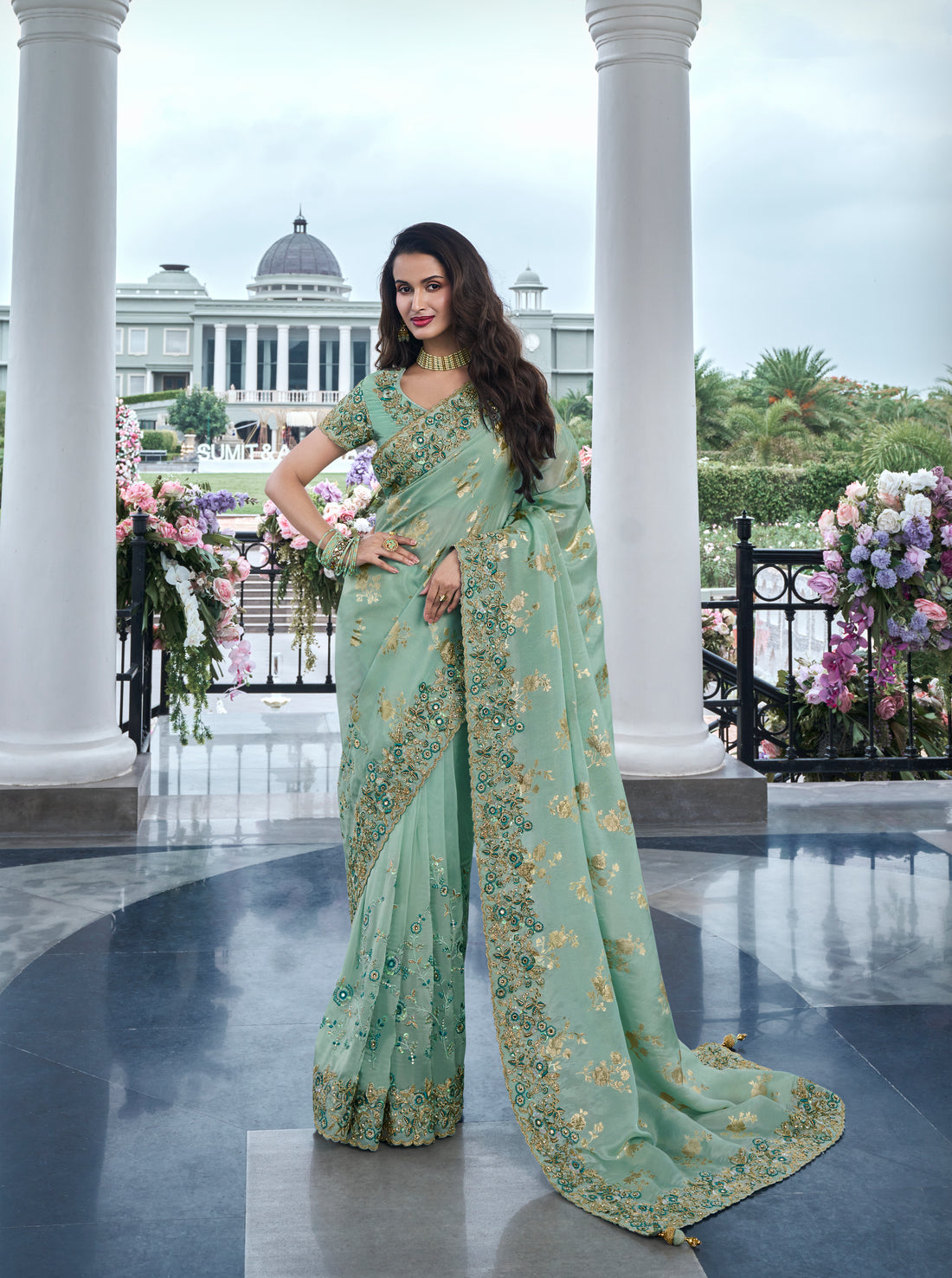 Mint Green Pure Tissue Silk Saree with Zari, Mirror, and Pearl Work