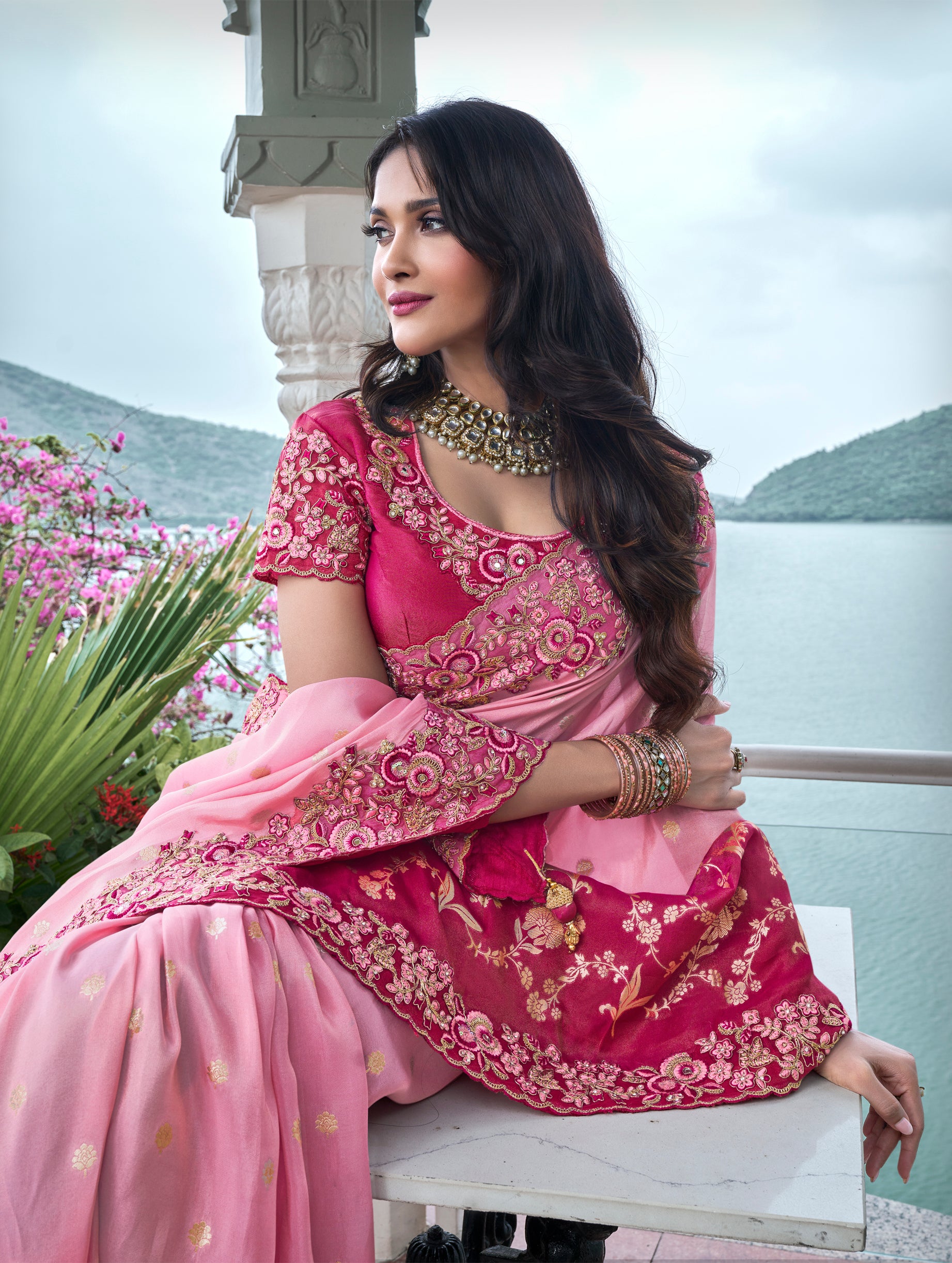 Pink Pure Tissue Silk Saree with Zari and Embroidery for Weddings