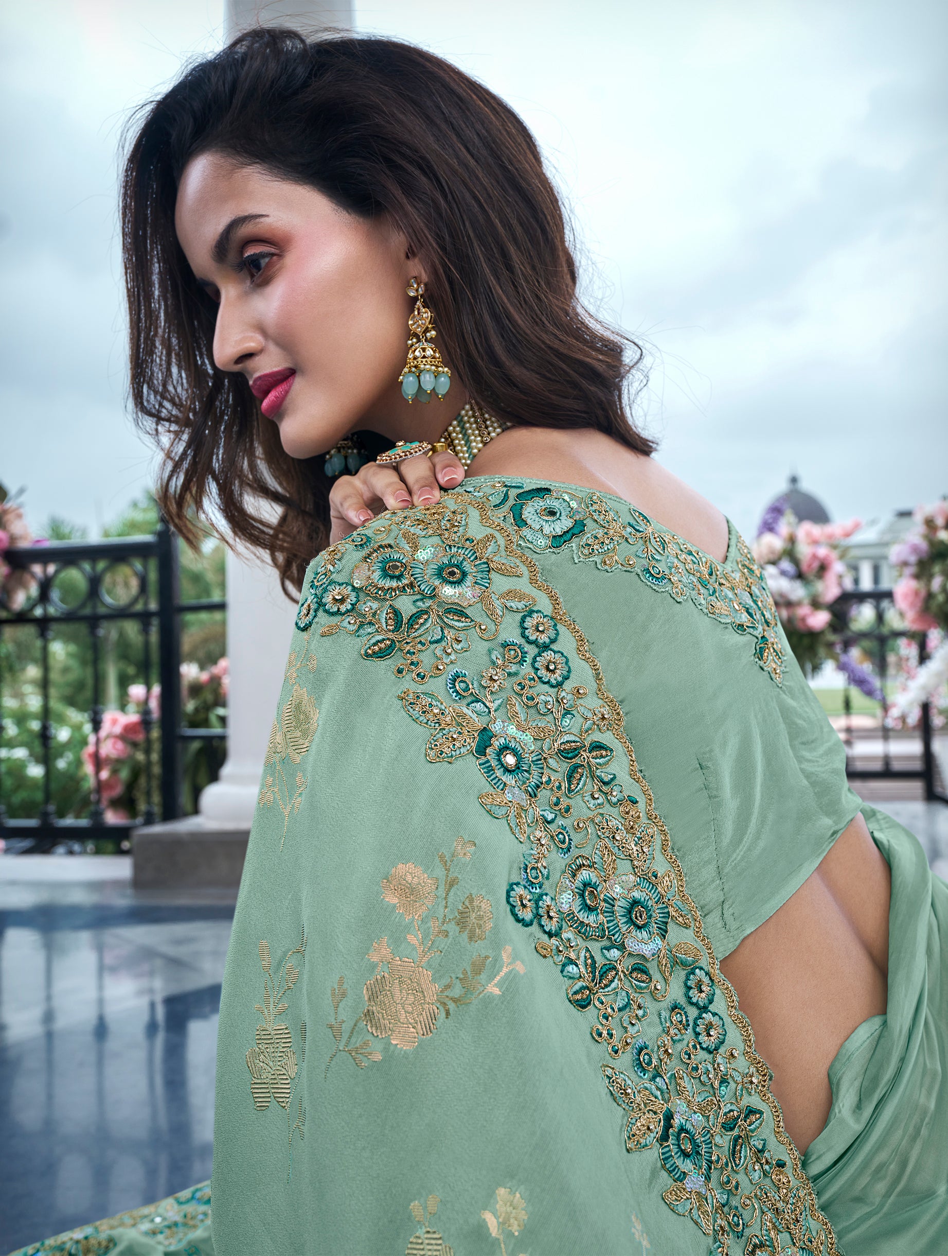 Mint Green Pure Tissue Silk Saree with Zari, Mirror, and Pearl Work