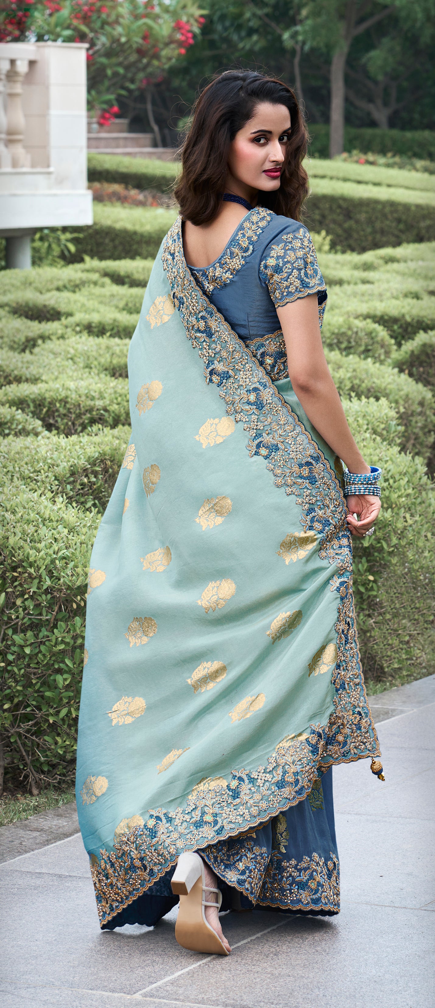 Royal Blue Tissue Silk Saree with Zari, Stone, and Pearl Work