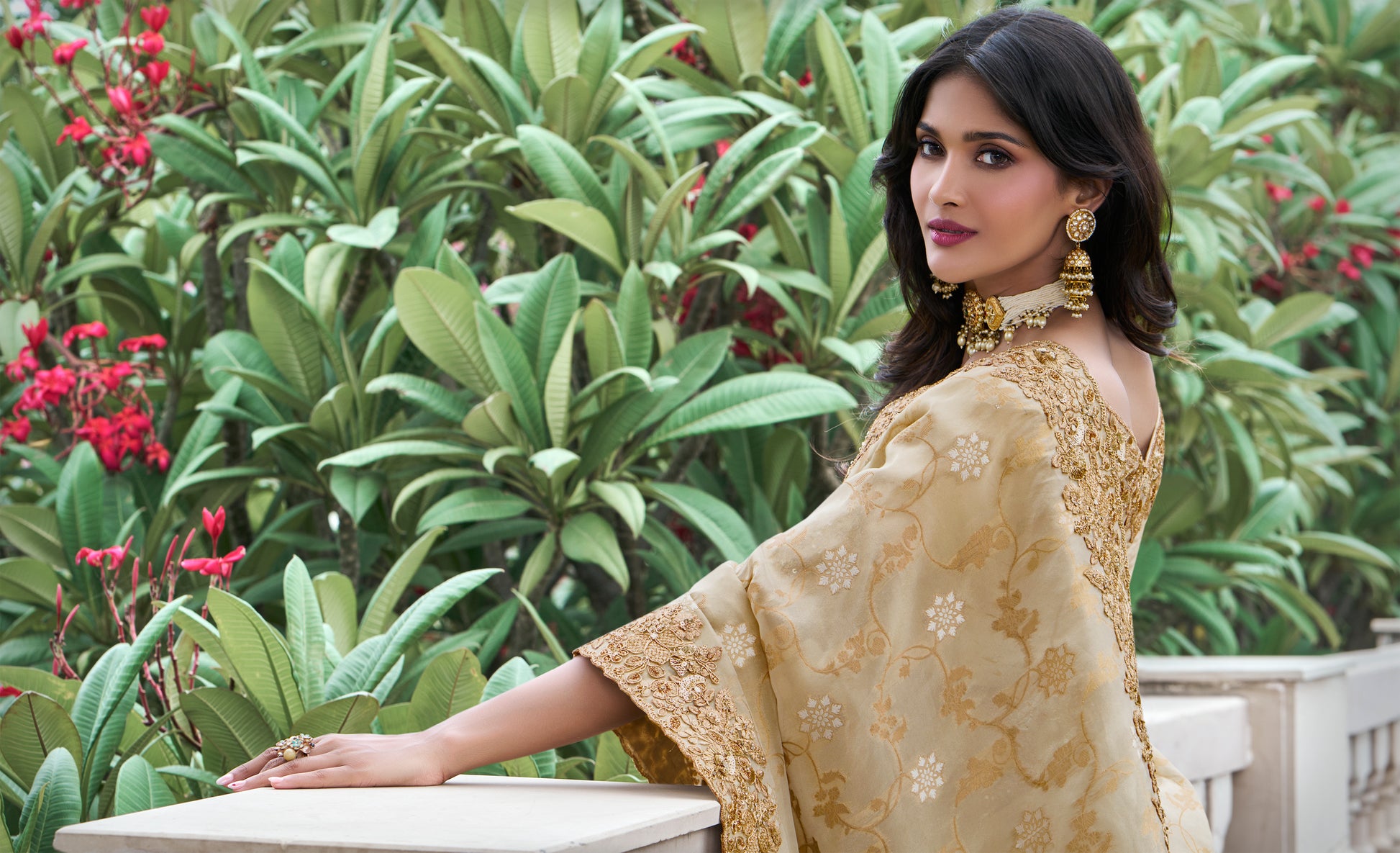 Gold Tissue Silk Saree with Zari, Mirror, and Pearl Work