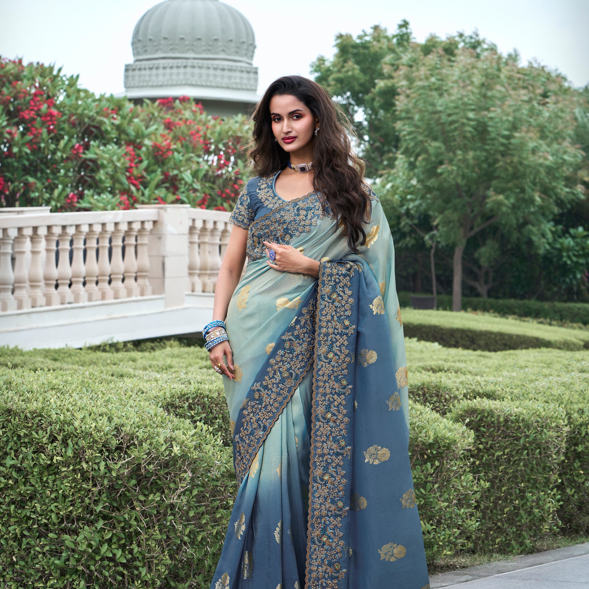 Royal Blue Tissue Silk Saree with Zari, Stone, and Pearl Work