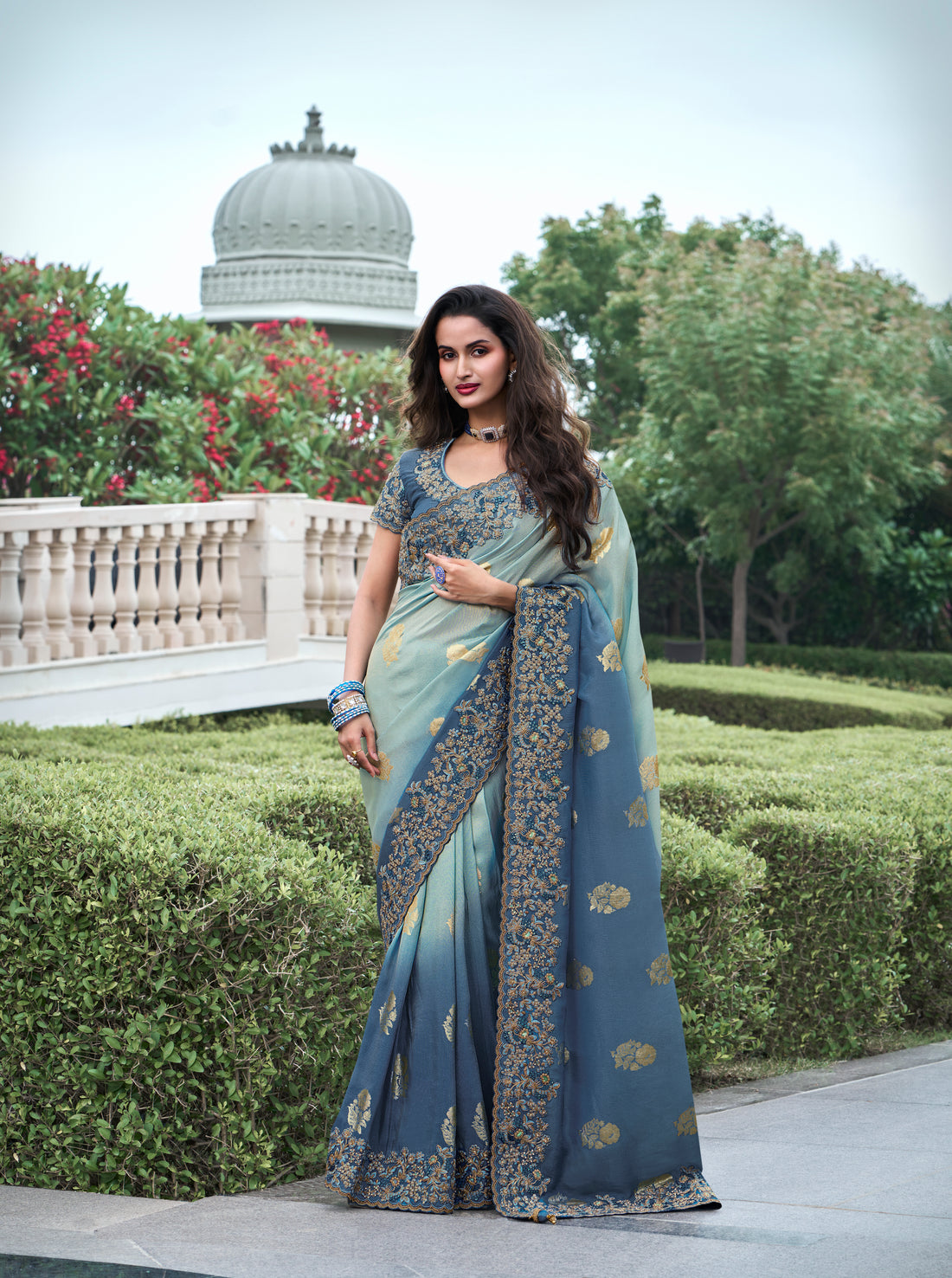 Royal Blue Tissue Silk Saree with Zari, Stone, and Pearl Work