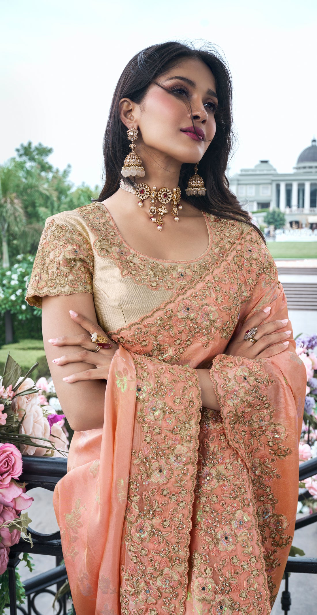 Peach Tissue Silk Saree with Embroidery, Stone & Mirror Work