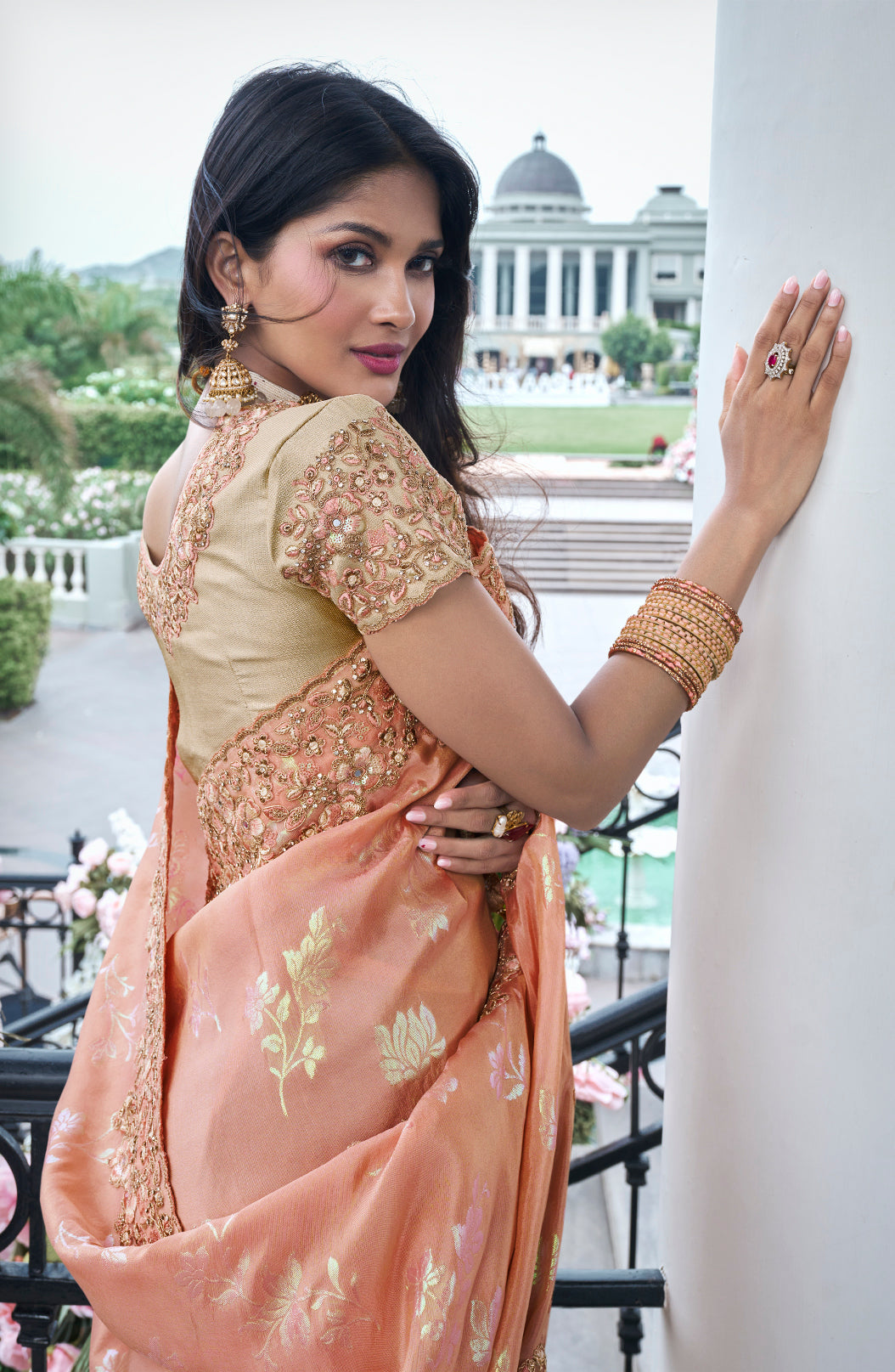 Peach Tissue Silk Saree with Embroidery, Stone & Mirror Work